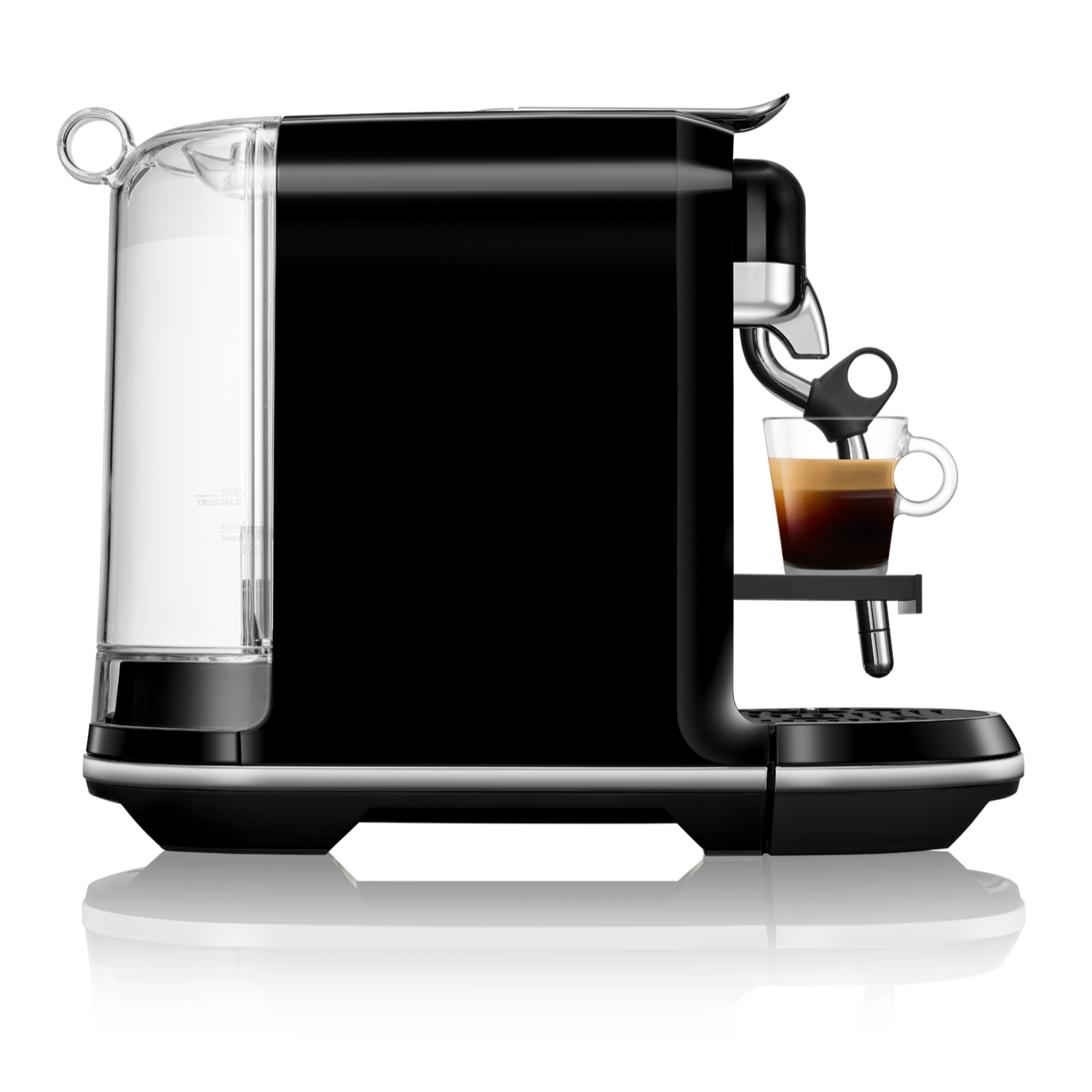 A black espresso machine with a clear water tank and a glass of coffee.