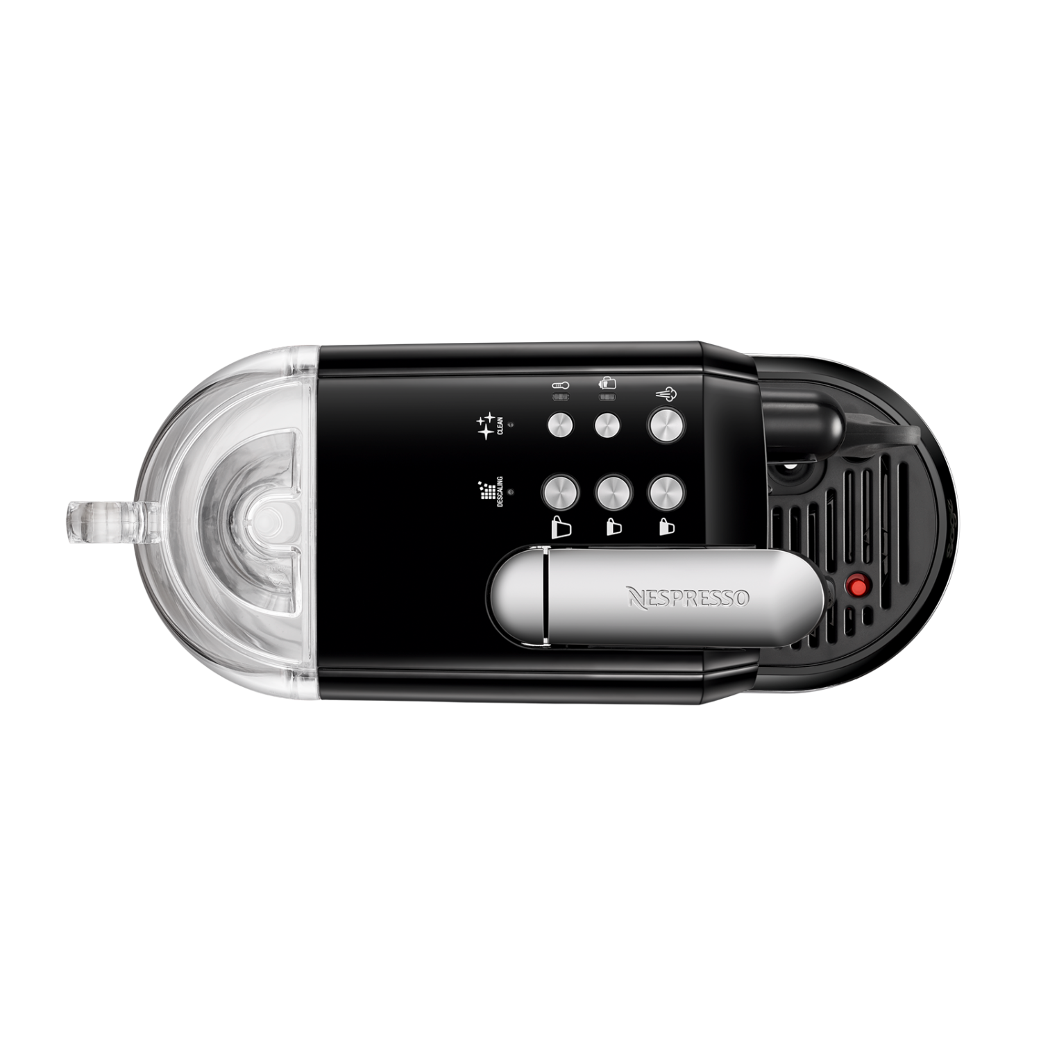 Black Nespresso coffee machine, top view, with transparent water reservoir and buttons.