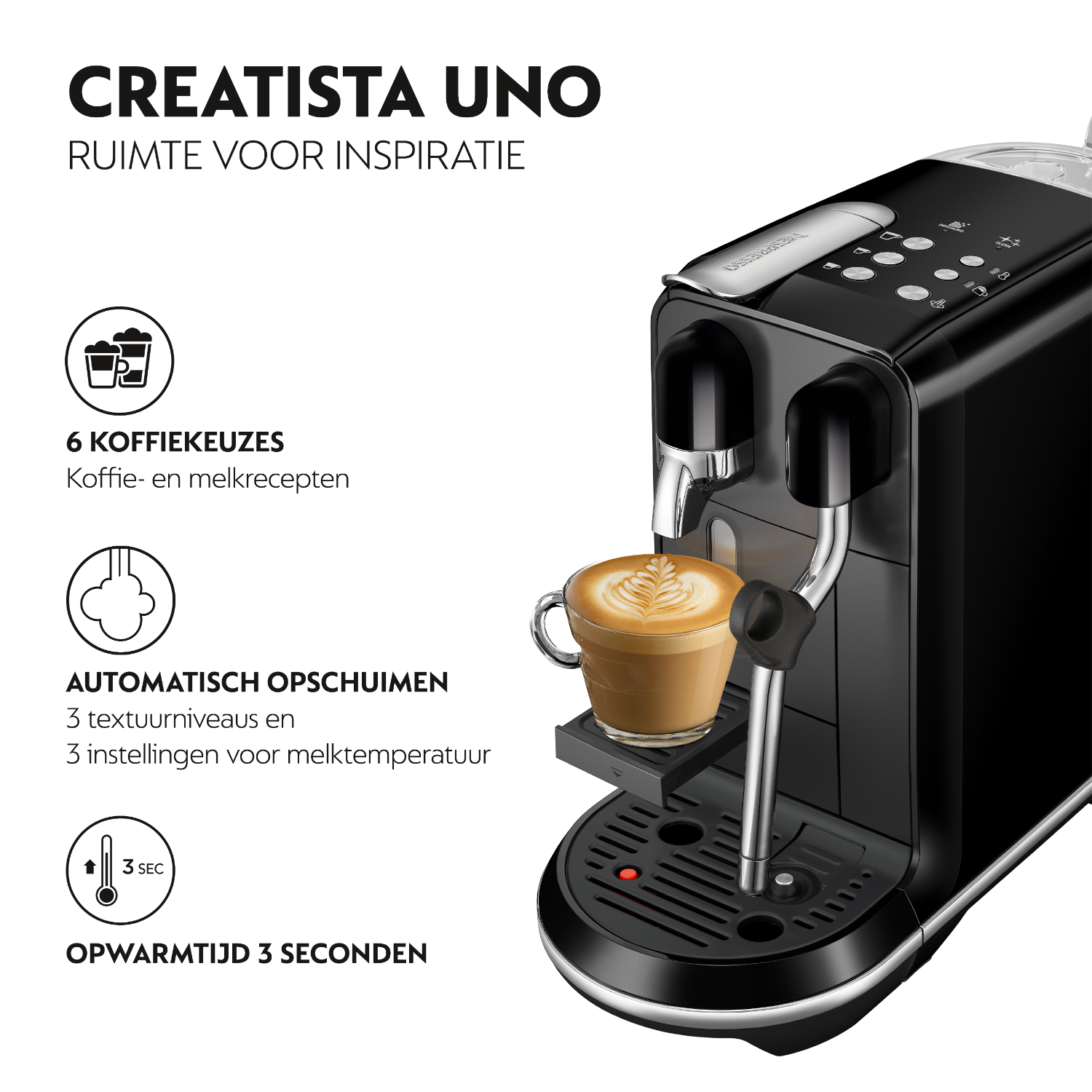 Black Creatista Uno coffee machine, with text, and a latte in a glass.