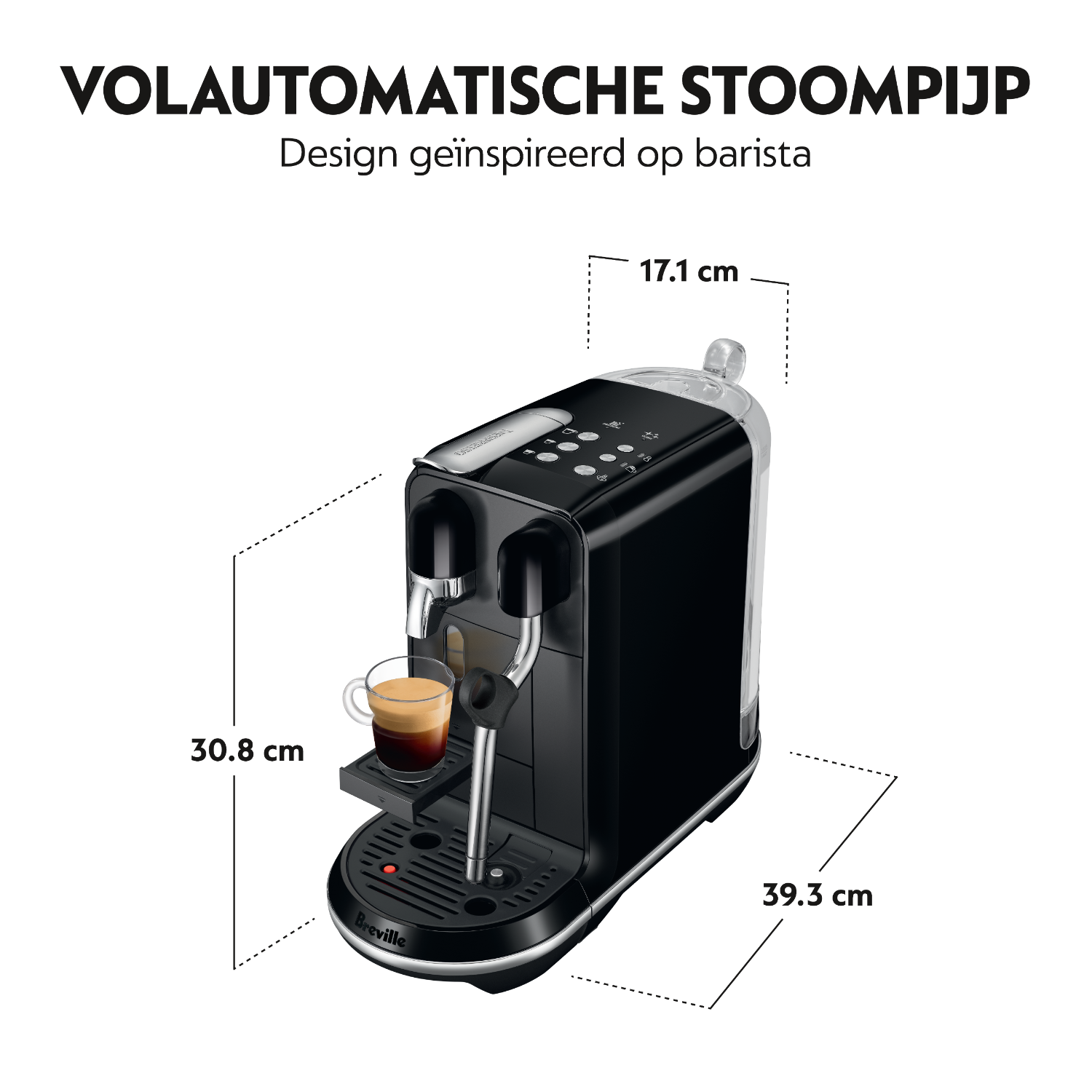 Black Nespresso machine with dimensions. A glass of coffee is under the spout.