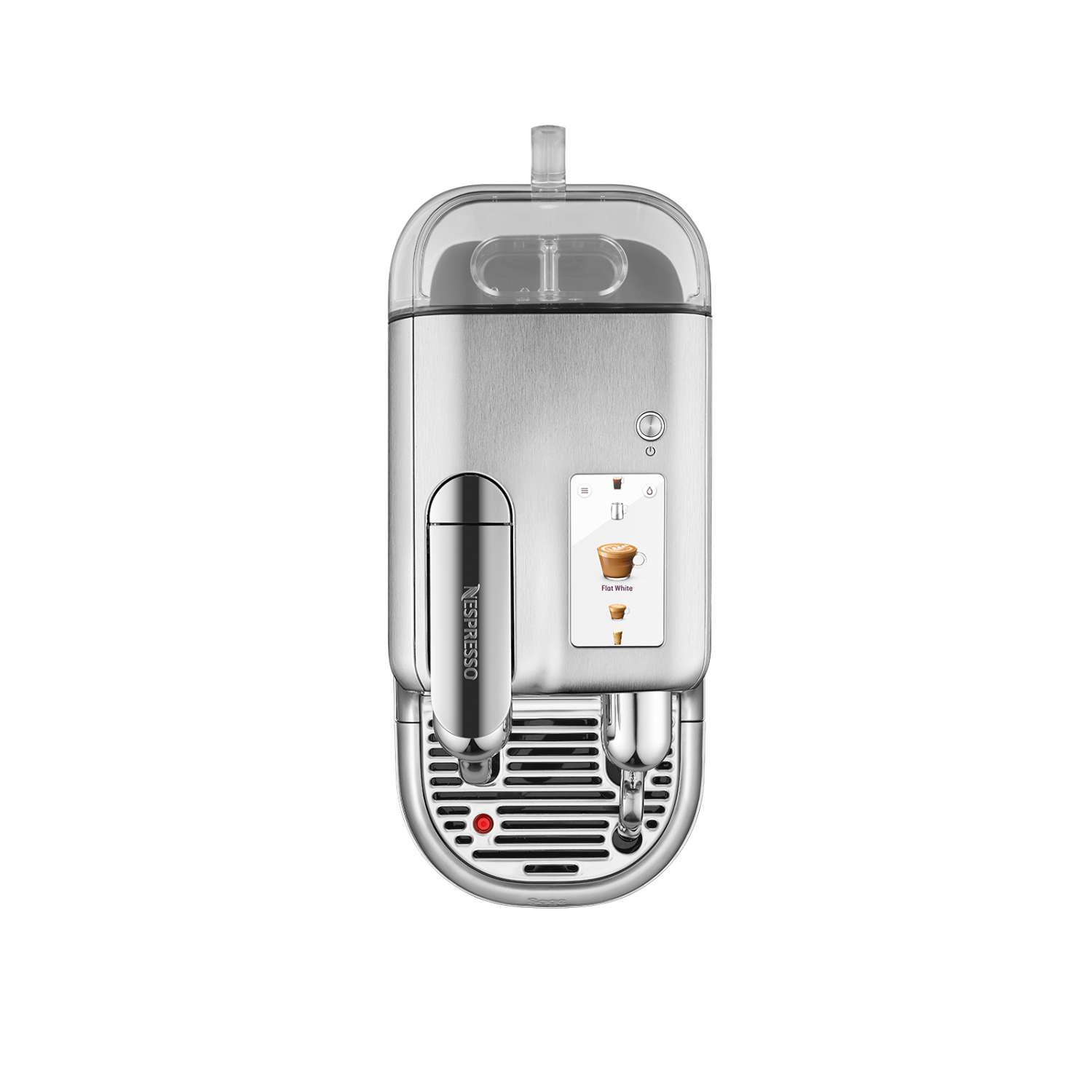 A silver Nespresso coffee machine with a transparent water tank and touch screen. Black background.