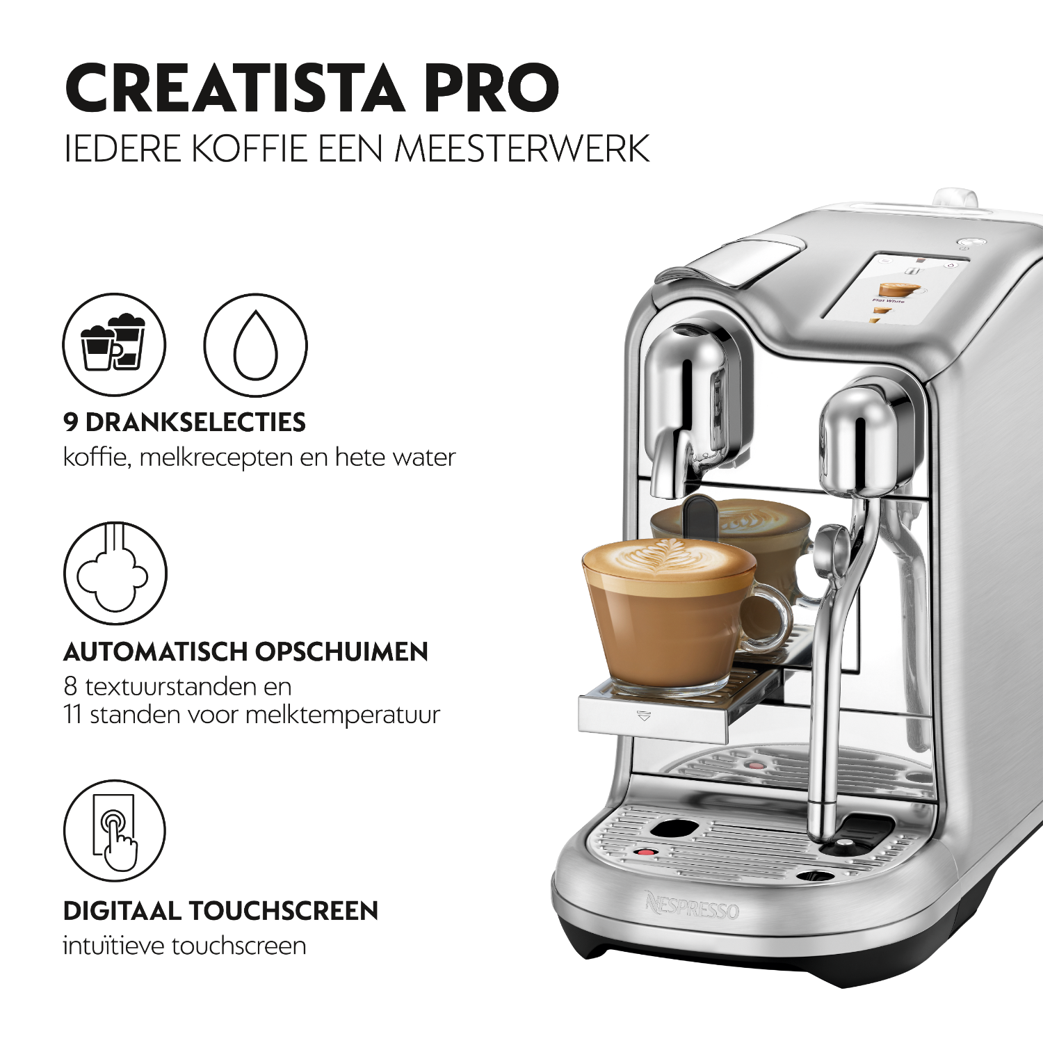 A silver coffee machine with a glass of coffee and a touchscreen display.