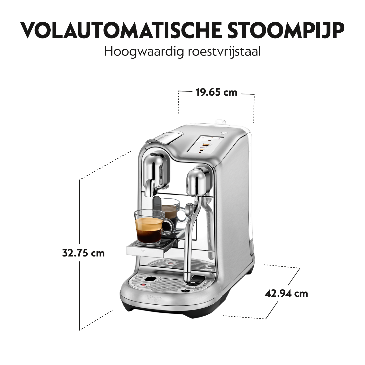 Silver espresso machine with dimensions. Text: fully automatic steam pipe, and measurements in cm.