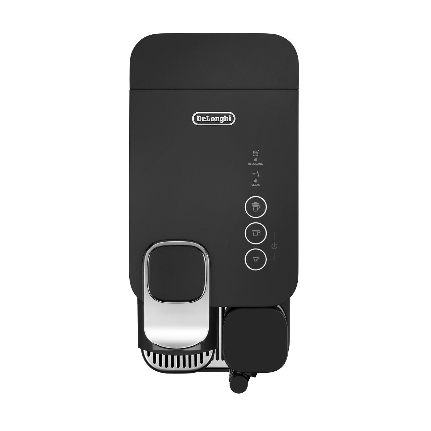 Black DeLonghi coffee machine with buttons and a silver coffee dispenser.