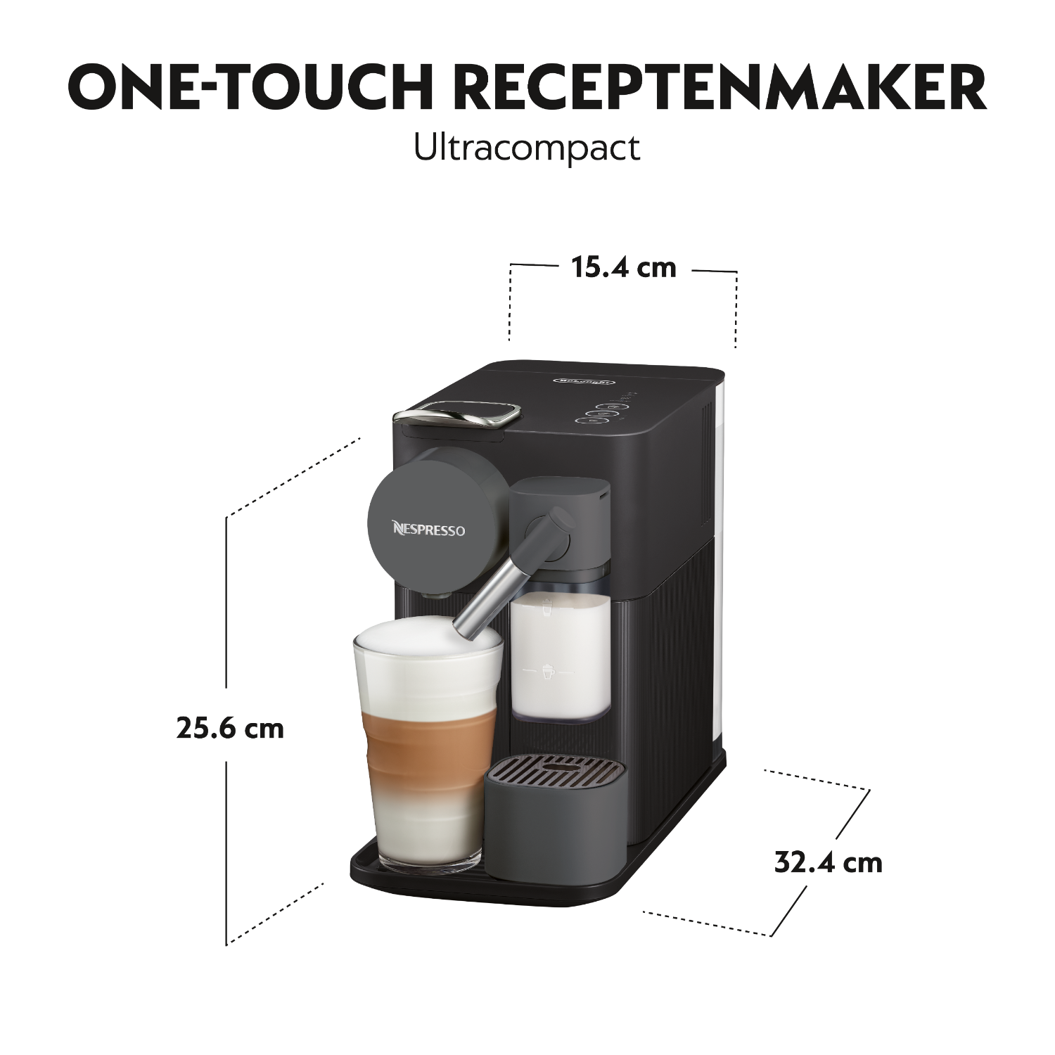Black Nespresso coffee machine with dimensions and a latte in a glass.