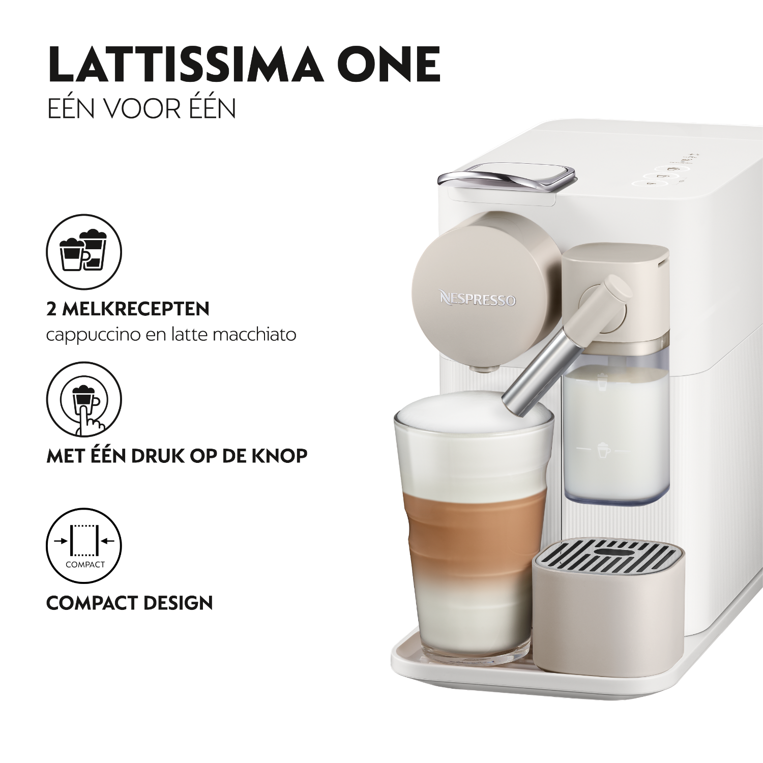 Witte Nespresso machine die latte afgeeft. Tekst en iconen beschrijven functies.