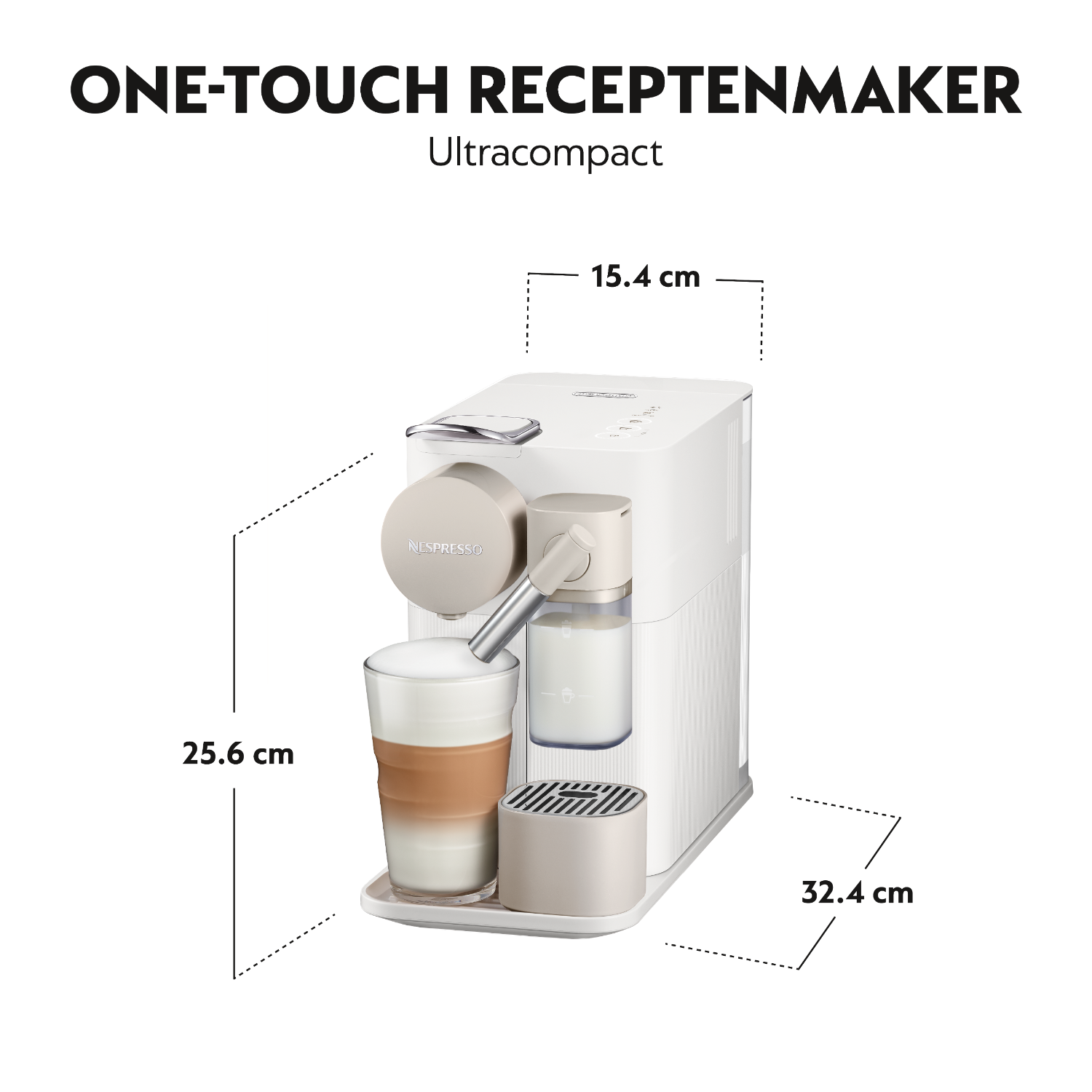 Witte Nespresso machine die koffie zet, met afmetingen en tekstlabels.