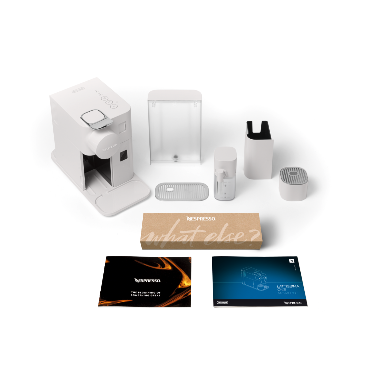 Nespresso Lattissima One koffiemachine en accessoires. Wit kleurenschema.