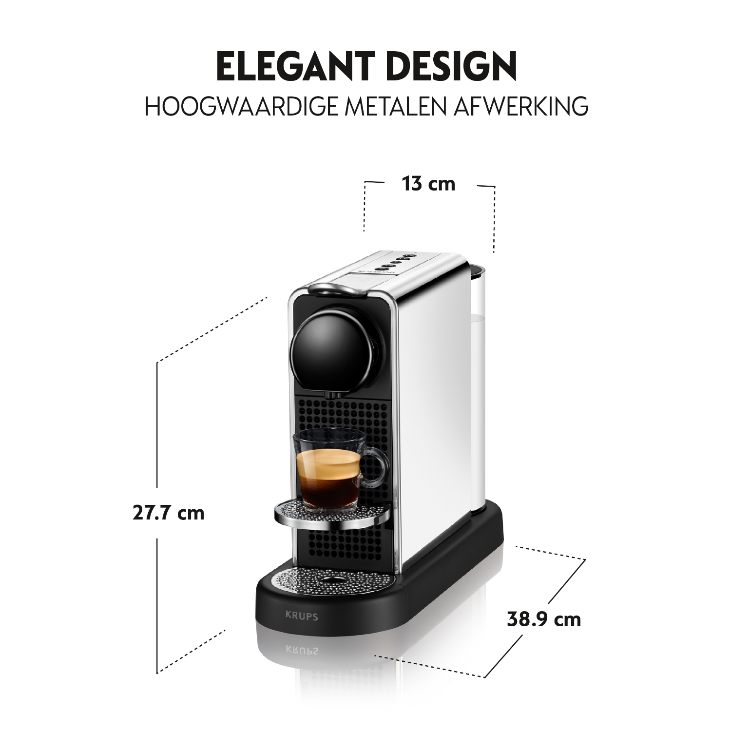 Silver and black Krups Nespresso machine with coffee in a glass. Dimensions shown.
