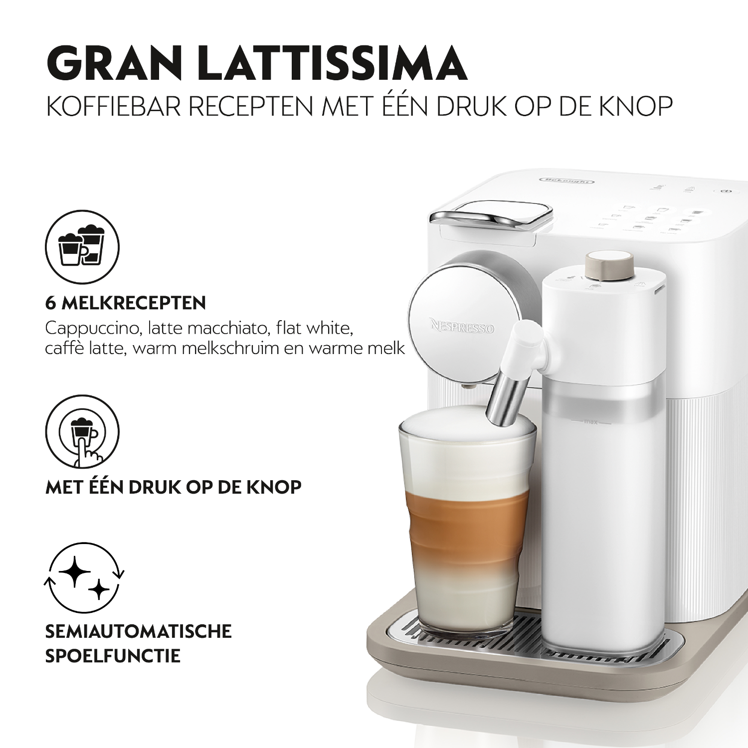 A white coffee machine making a latte. A glass of coffee with milk. Text on the features is also shown.