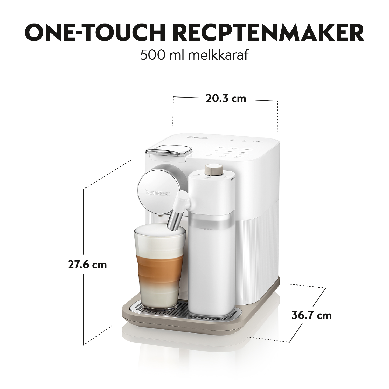 White coffee machine with a milk carafe and a glass of layered coffee.
