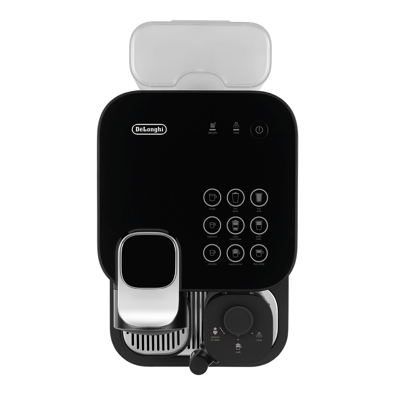 Black De'Longhi coffee machine with various buttons. Top view, white lid on the top.