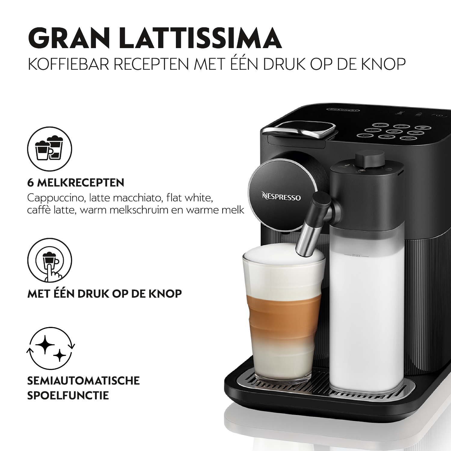 A black Nespresso coffee machine with milk frother, dispensing a latte, with descriptive text.