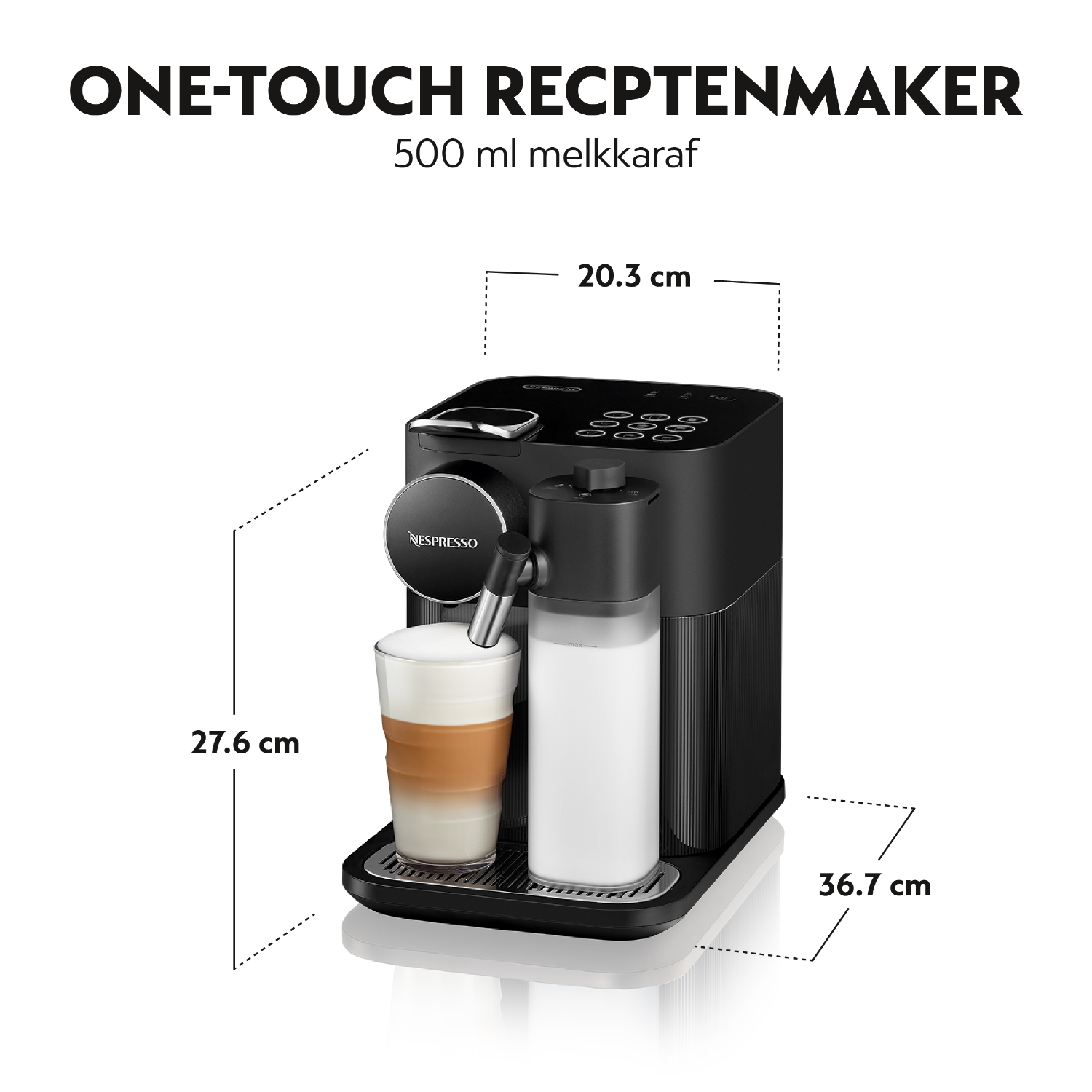 A black Nespresso coffee machine with dimensions labeled in cm.