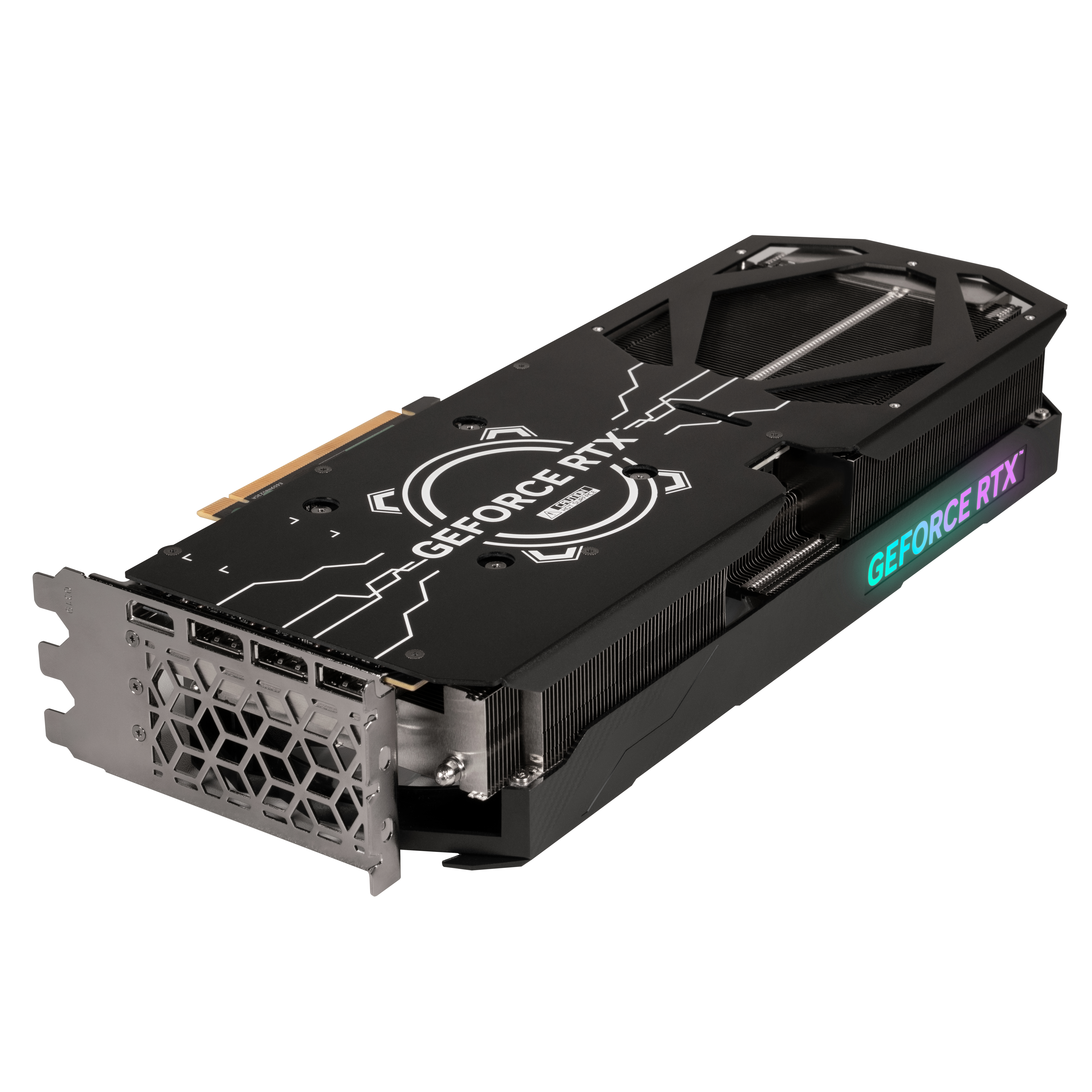 GeForce RTX Grafikkarte. Schwarz und Silber mit mehreren Anschlüssen. Weißer HG.