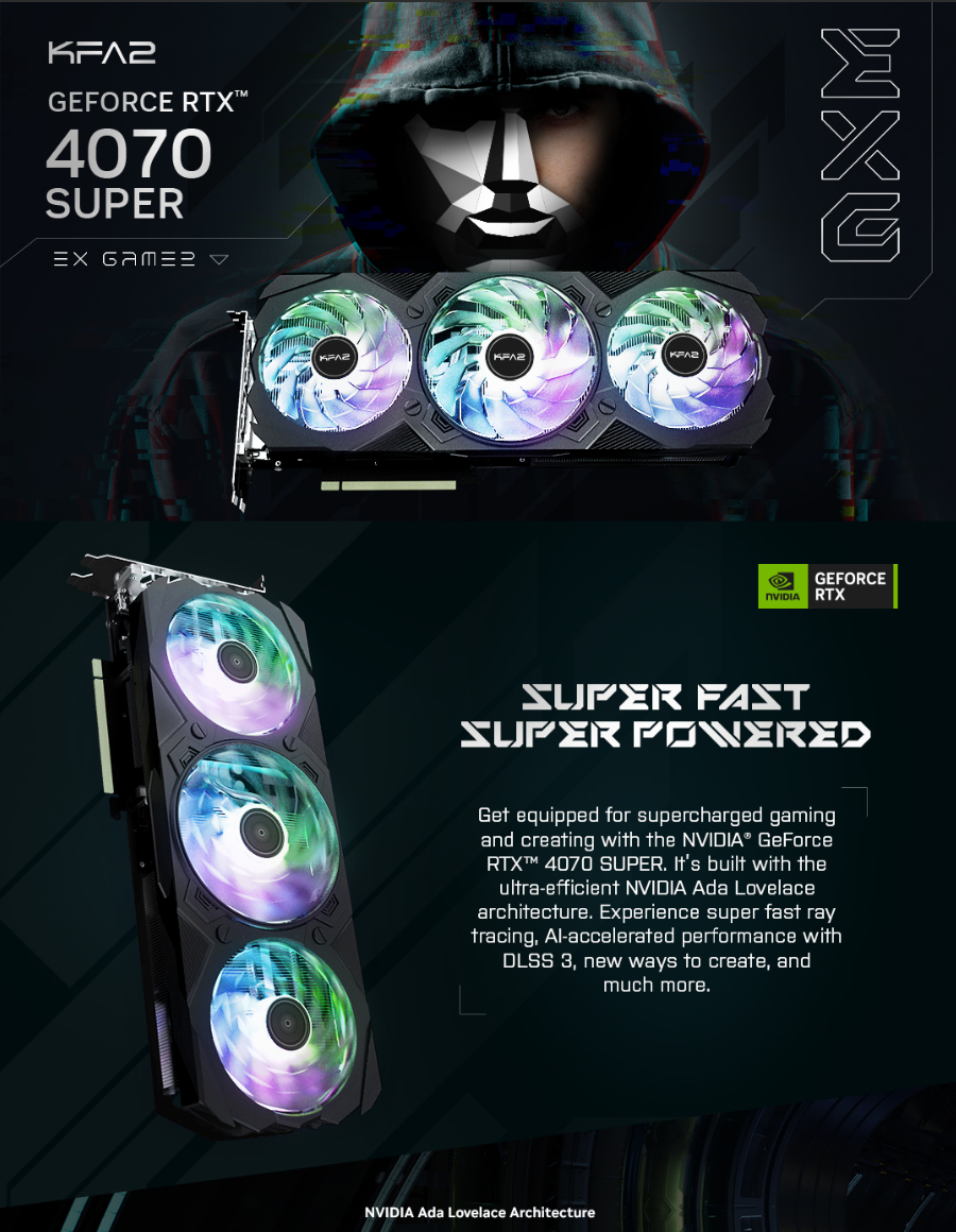 Grafikkarte mit drei Lüftern, bunten Lichtern. KFA2 GeForce RTX 4070 SUPER EX Gamer. Schwarzer Hintergrund.