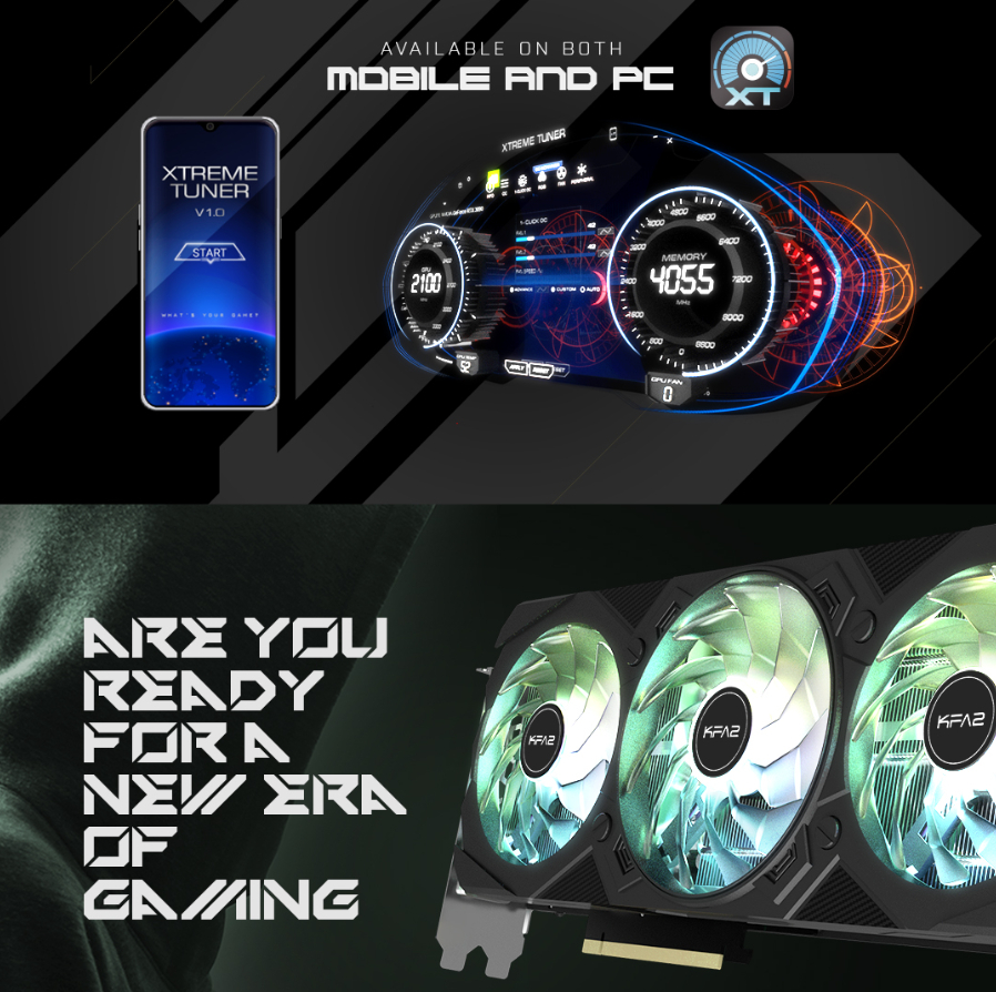 Das Bild zeigt ein Telefon mit Gaming-Oberfläche, ein Armaturenbrett und eine Grafikkarte mit leuchtenden Lüftern.