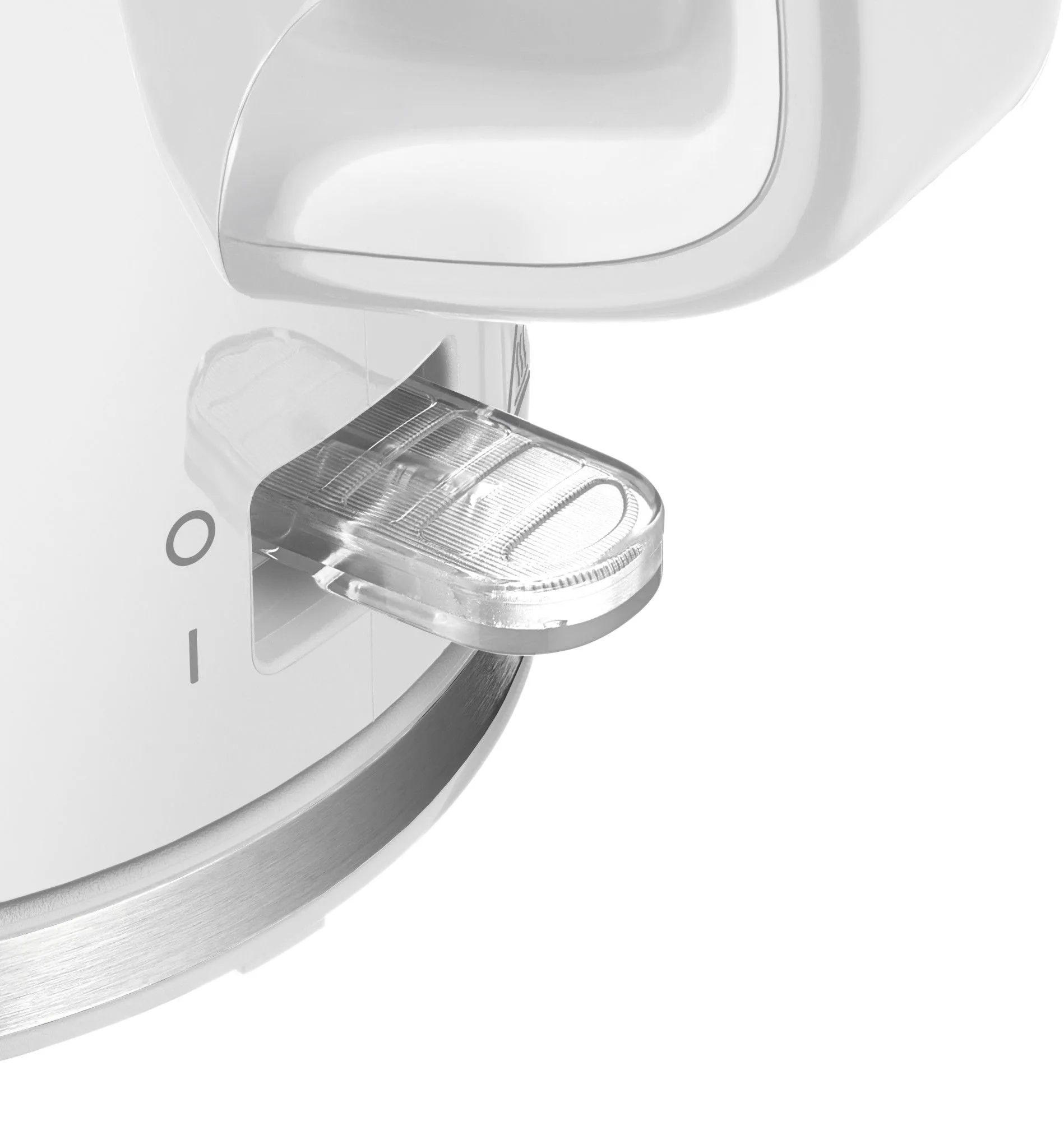 Zbliżenie białego włącznika urządzenia. Przełącznik jest przezroczysty i ma symbol „wł./wył.”.