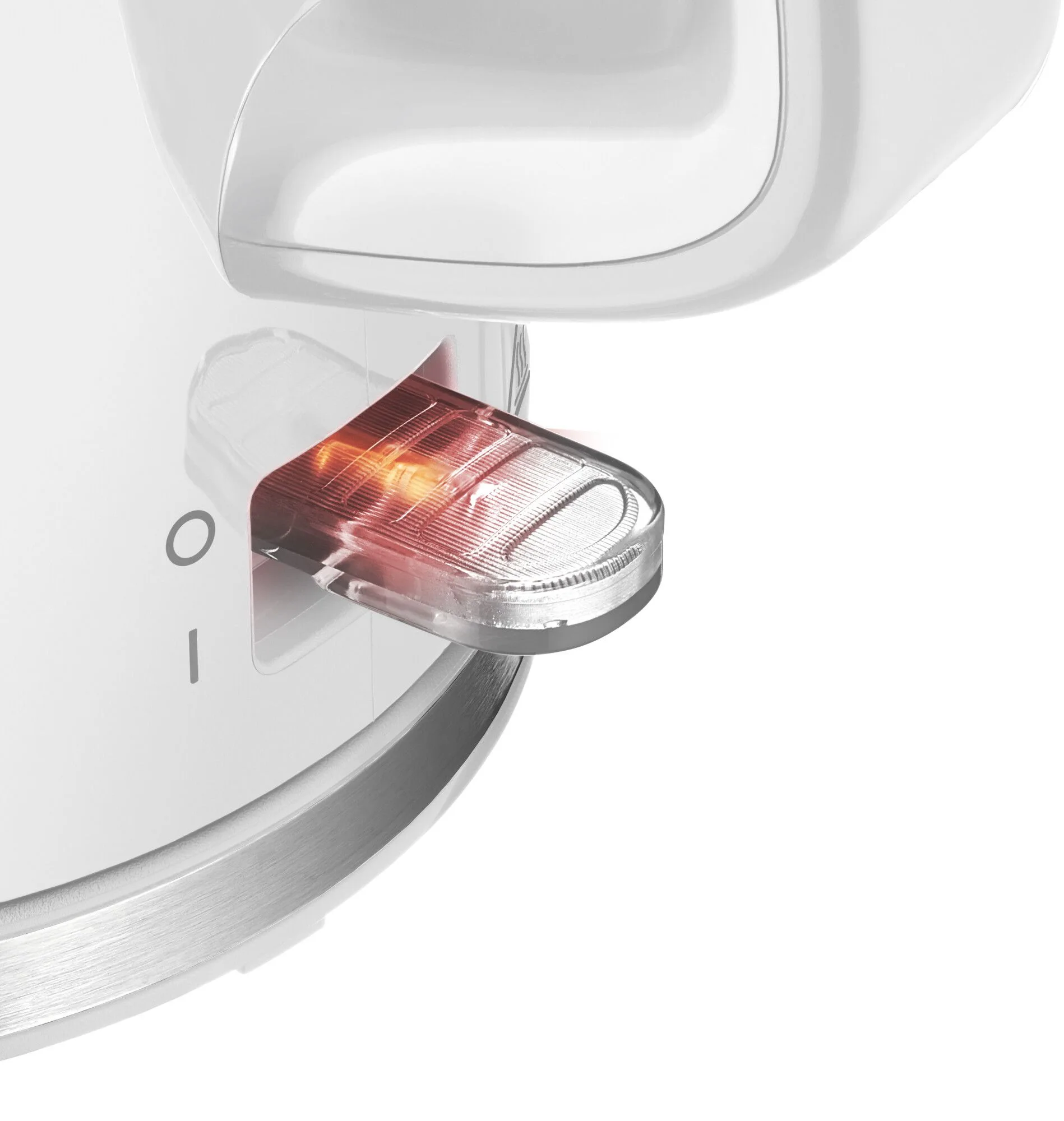 Zbliżenie białego przycisku zasilania z podświetloną czerwoną diodą.