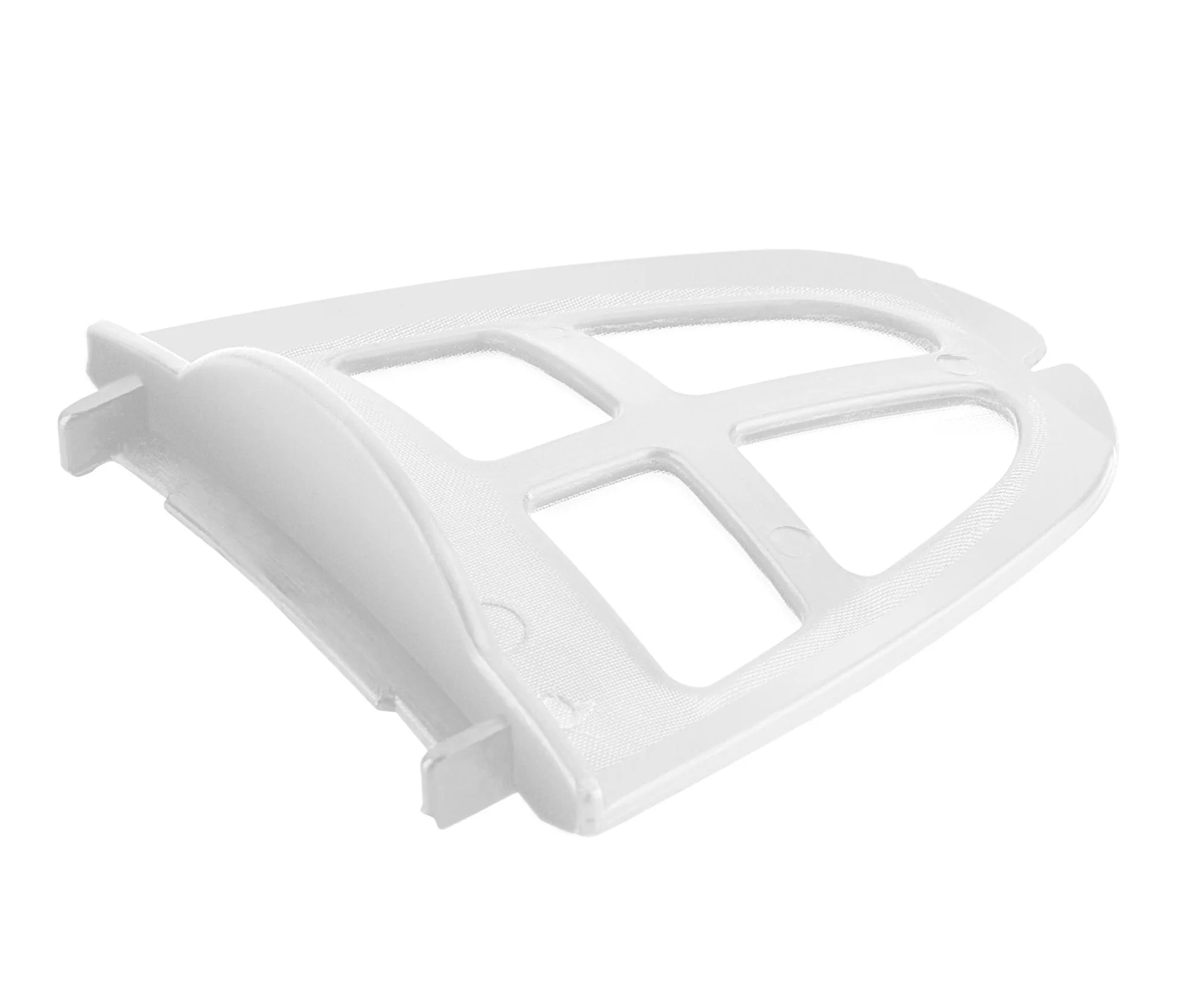 Biały plastikowy element filtra powietrza, pod kątem na białym tle.