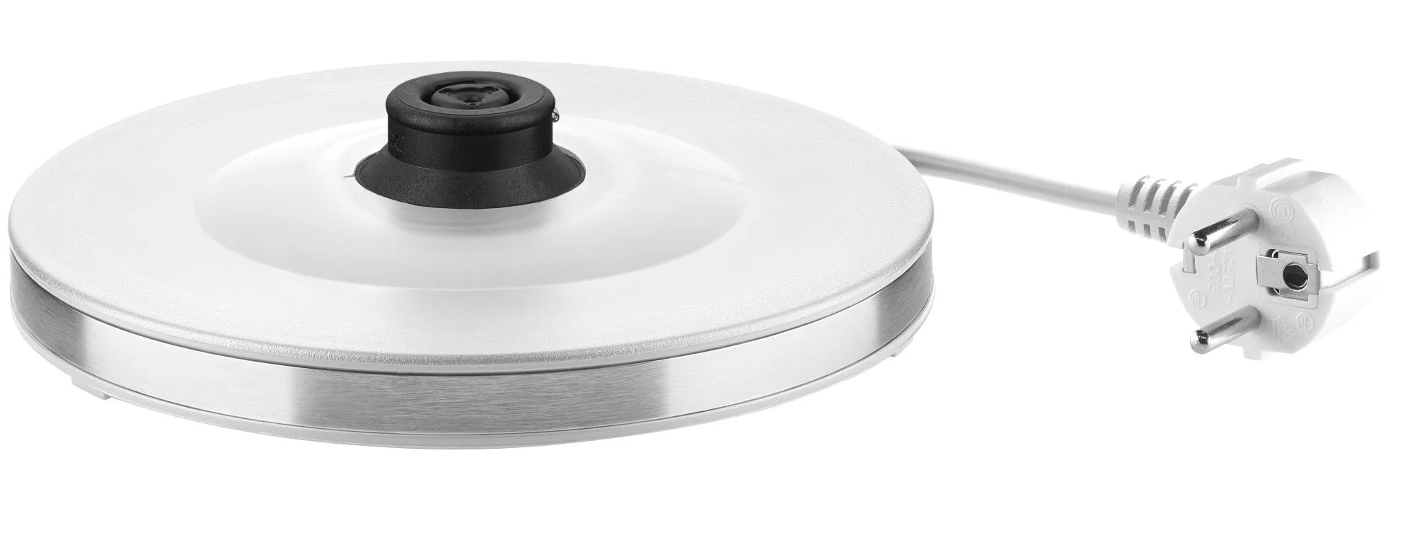 Biała podstawa czajnika elektrycznego z przewodem zasilającym i wtyczką na białym tle.