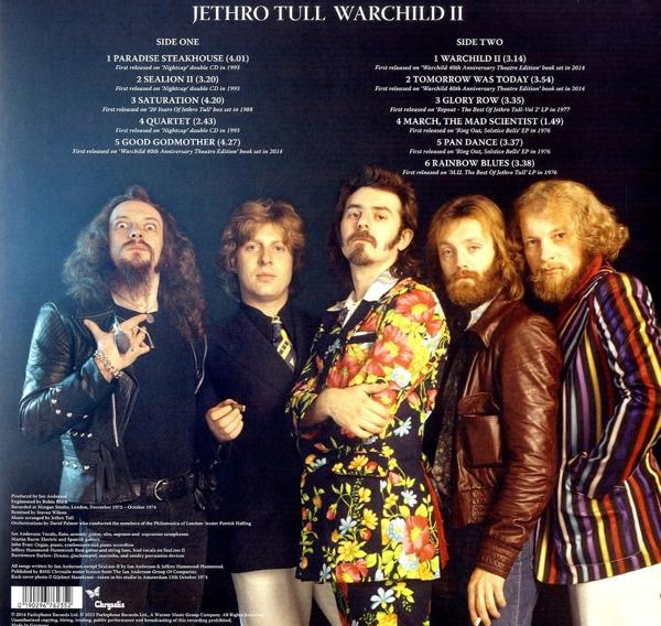 Rückseite eines Jethro Tull Albums mit Bandmitgliedern und Titelliste.