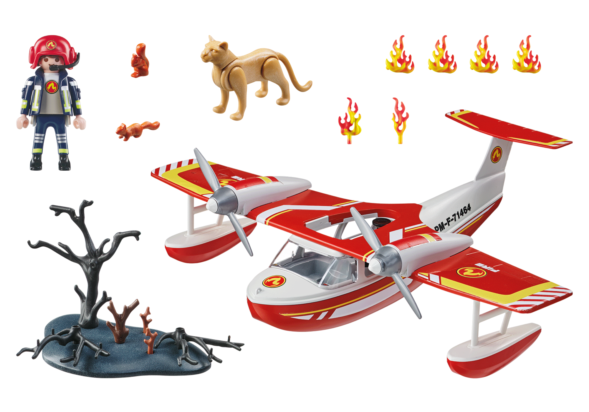 Playmobil-Spielzeugset mit rotem und weißem Wasserflugzeug, Feuer, Feuerwehrmann und Cougar-Spielzeug.