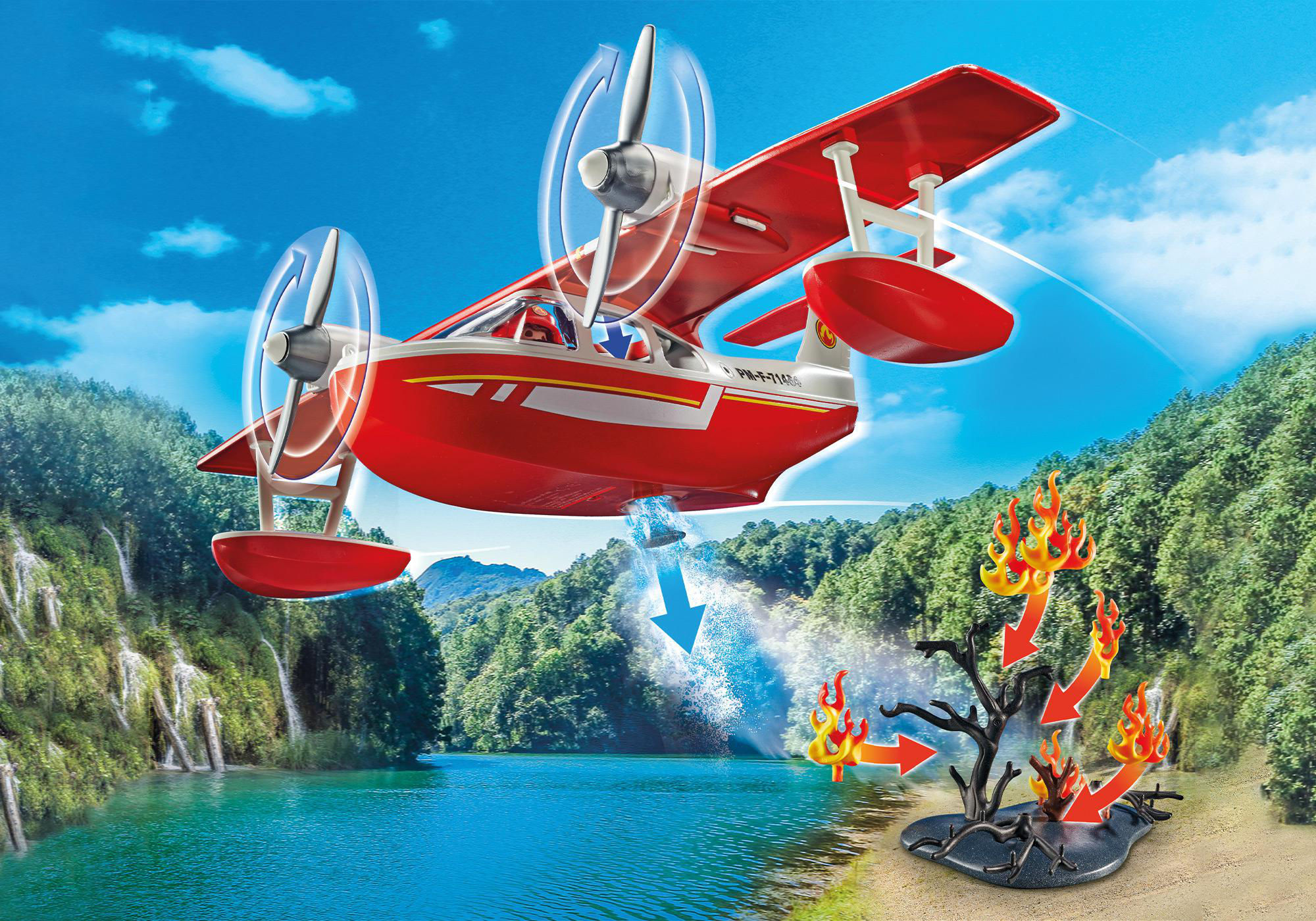 Ein rotes Spielzeug-Wasserflugzeug, das Wasser auf ein Feuer in einer Waldszene sprüht.