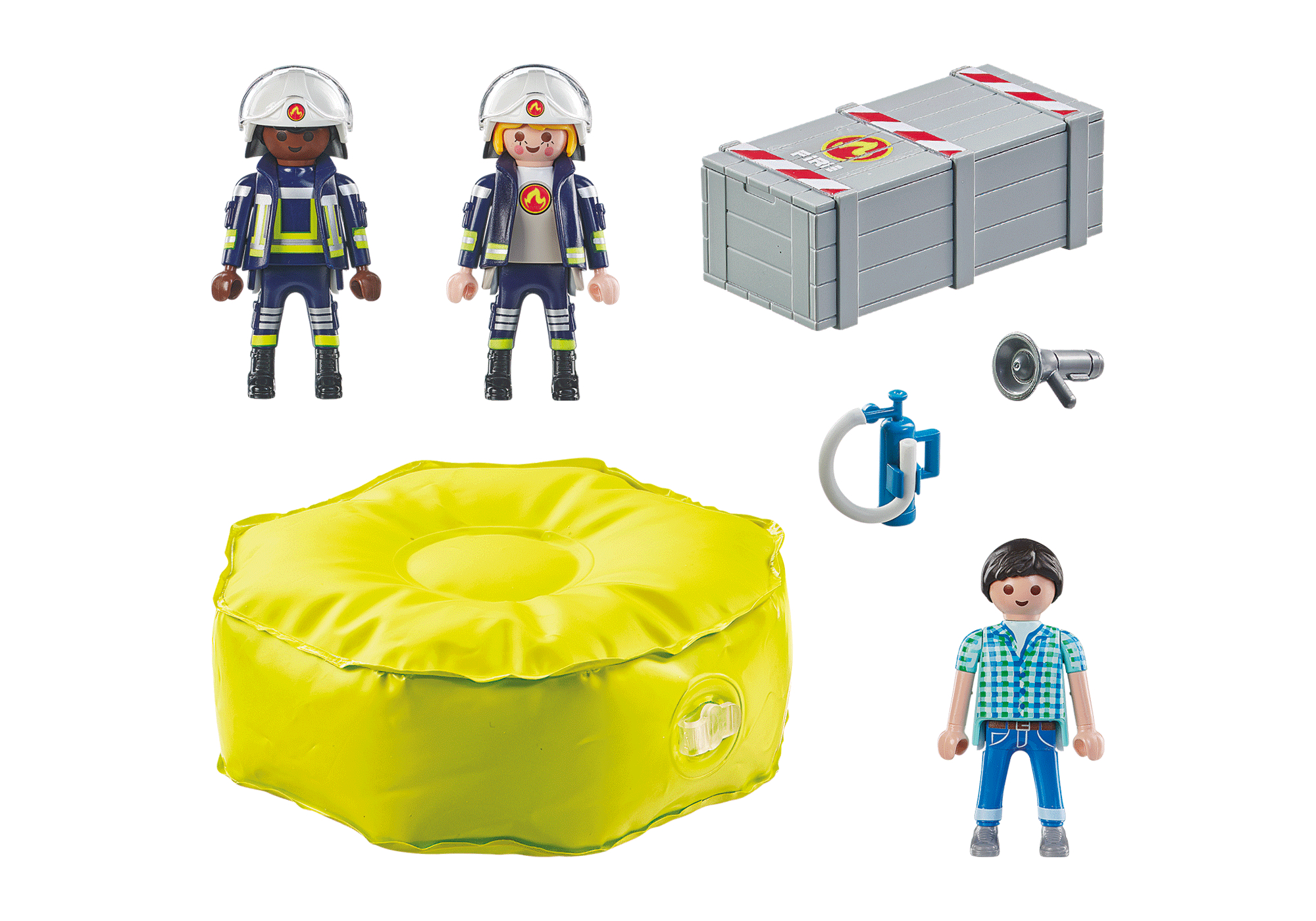 Playmobil-Feuerwehrmänner und Zubehör: Kiste, Megafon, gelbes Kissen, Junge.