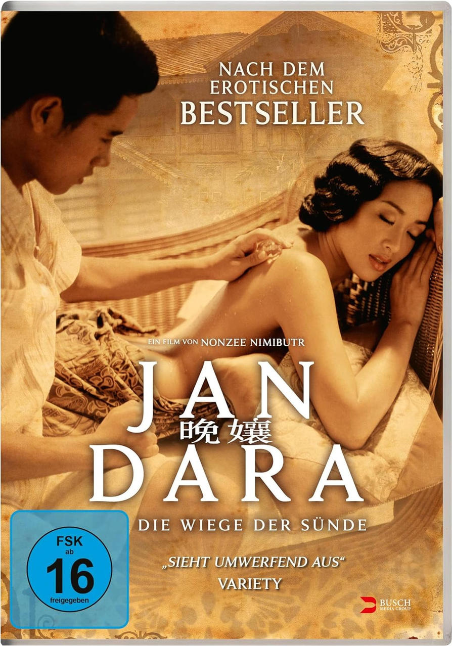 Filmcover 'Jan Dara' mit Mann, der Frau berührt, Text in verschiedenen Sprachen.