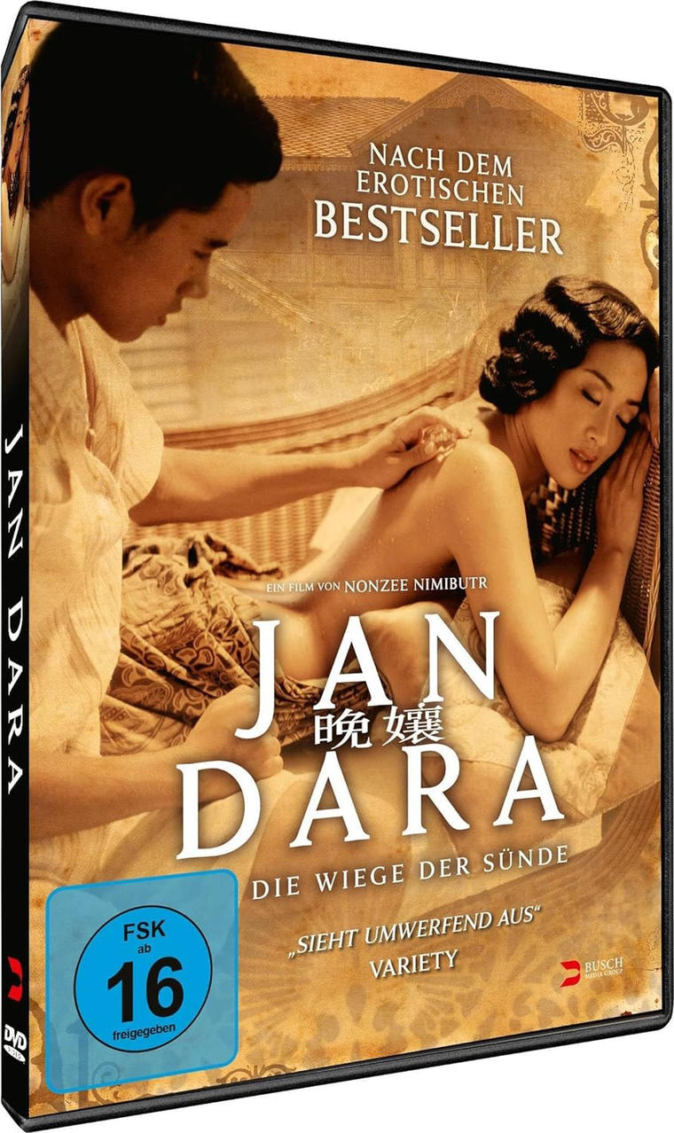 DVD-Cover: Mann berührt den Rücken der Frau, Filmtitel 'Jan Dara' auf Thai und Englisch, FSK16-Einstufung.