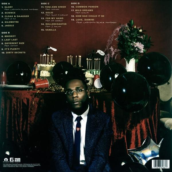 Albumcover mit Burna Boy. Kerzen und Ballons im Hintergrund.