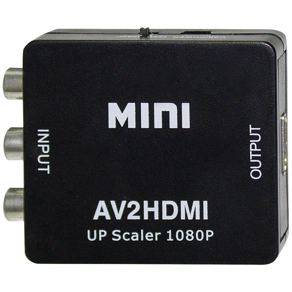 Convertitore AV2HDMI nero con porte di ingresso/uscita e testo.