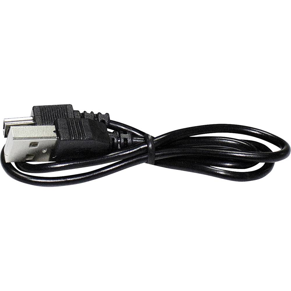 Cavo USB nero con connettori USB e CC, arrotolato, su sfondo bianco.