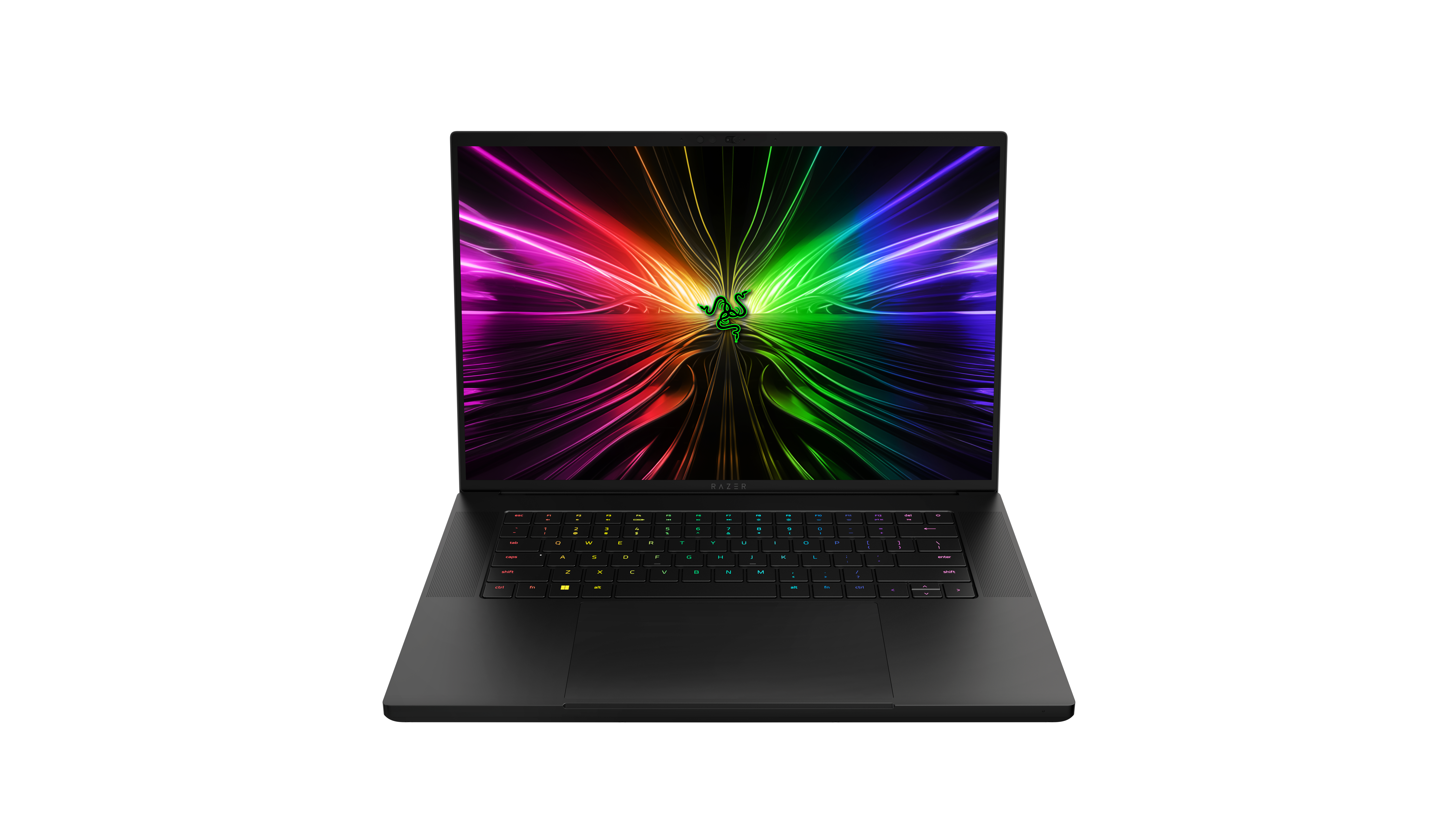 Ein schwarzer Laptop zeigt ein buntes Hintergrundbild mit Regenbogenlinien und einem grünen Logo.