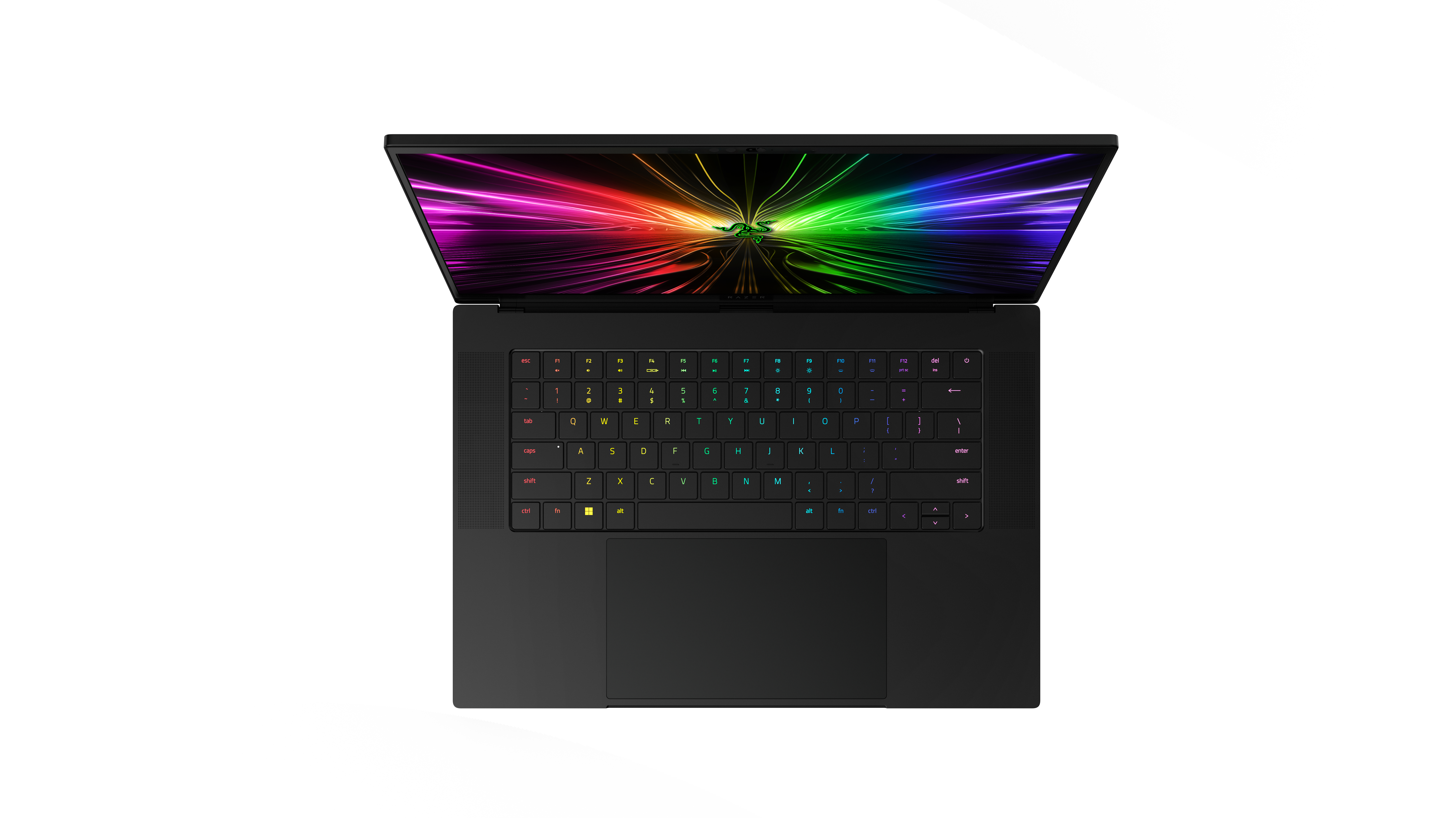 Ein schwarzer Laptop von oben mit beleuchteter Tastatur und buntem Bildschirm.