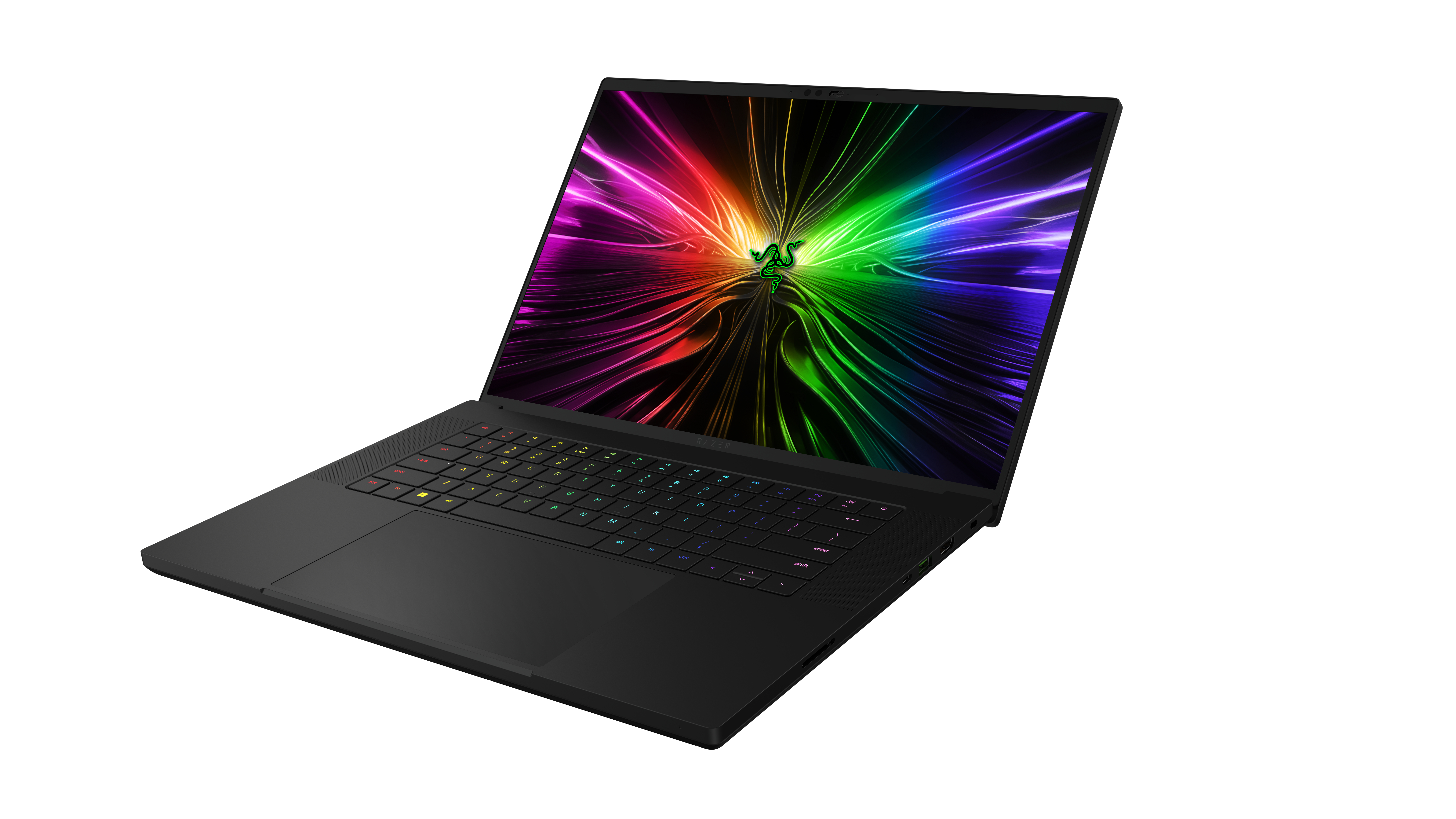 Schwarzer Razer-Laptop mit beleuchteter Tastatur und buntem Hintergrundbild.