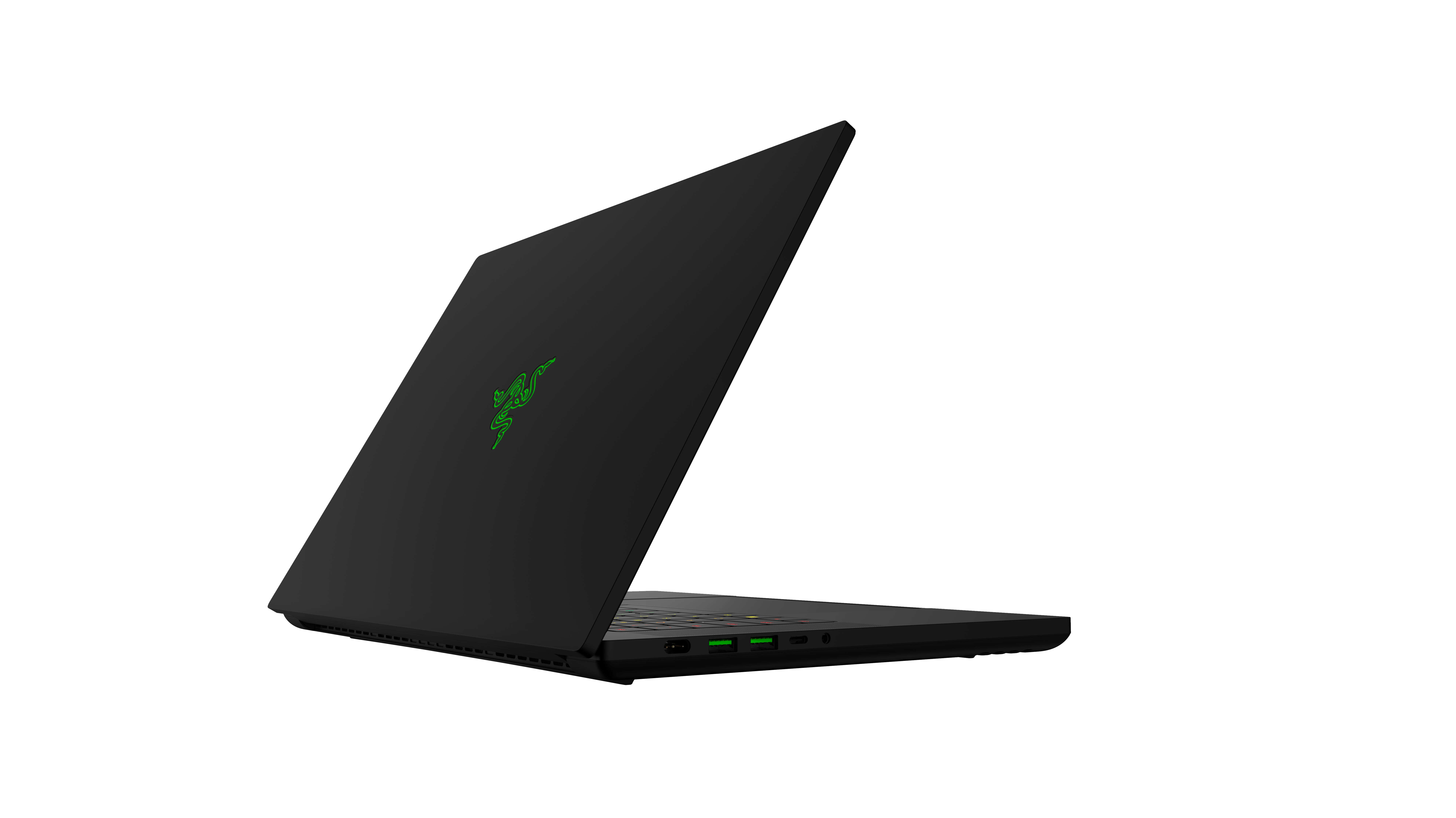 Schwarzer Razer-Laptop mit grünem Logo auf der Rückseite und sichtbaren Anschlüssen.