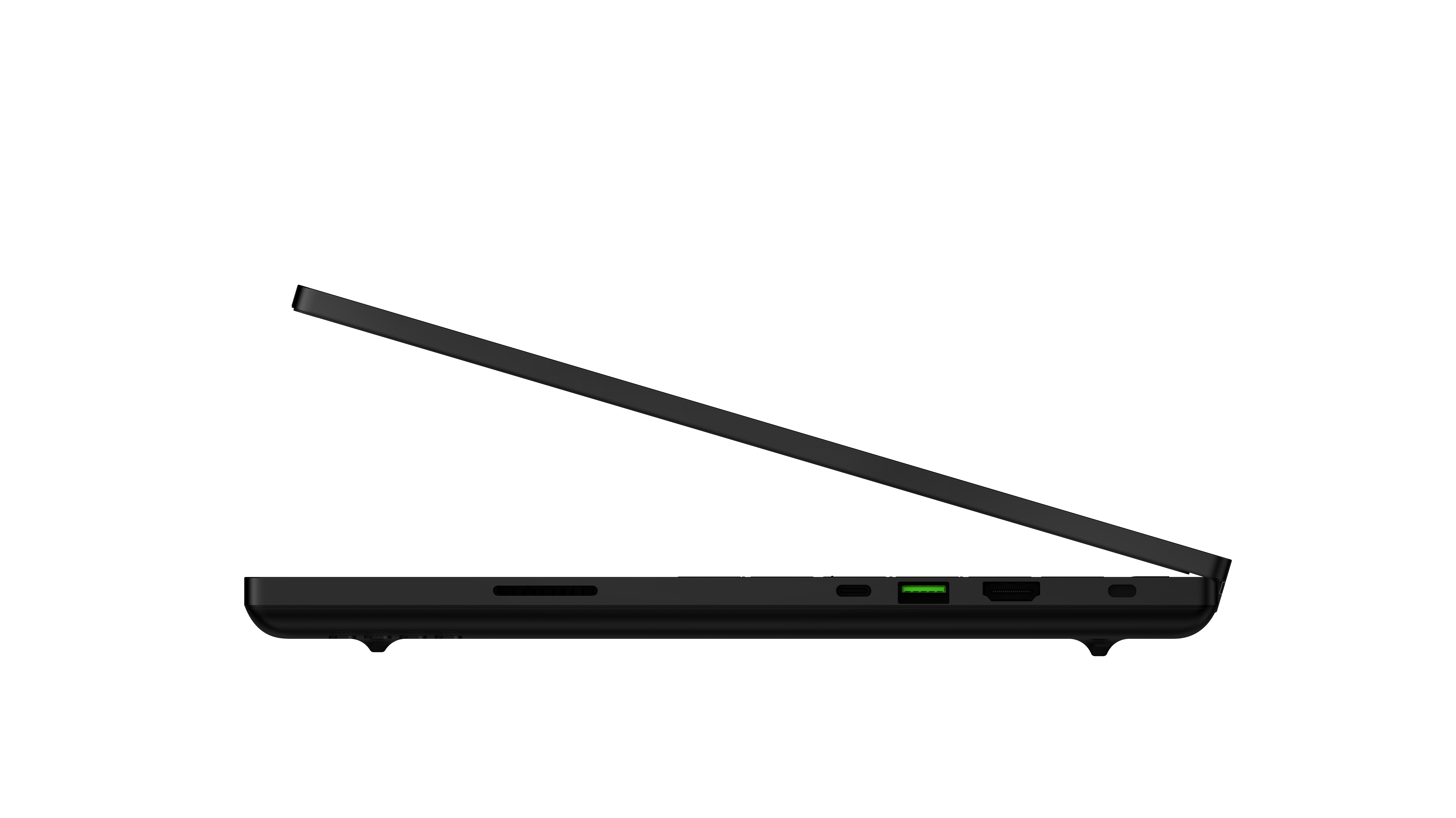 Linke Seite eines geschlossenen schwarzen Laptops mit sichtbaren Anschlüssen.
