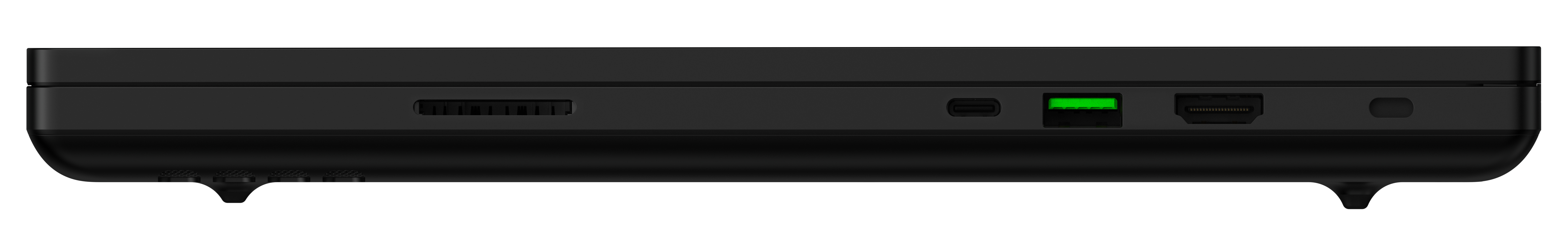 Seitenansicht eines schwarzen Laptops mit Anschlüssen und Lüftungsschlitzen.