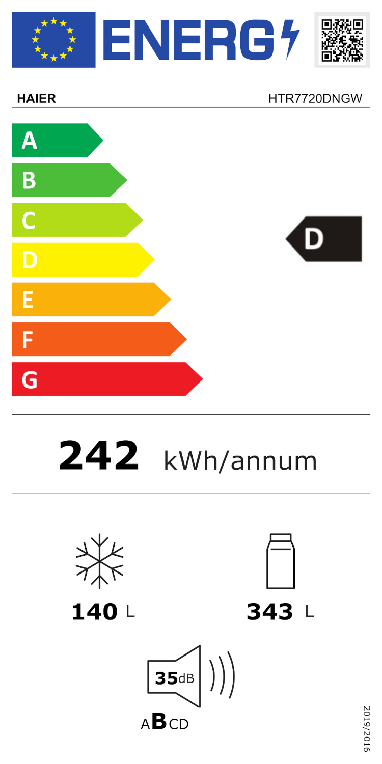 Energia címke Haier hűtőszekrényhez, energiahatékonyságot és egyéb adatokat mutat.