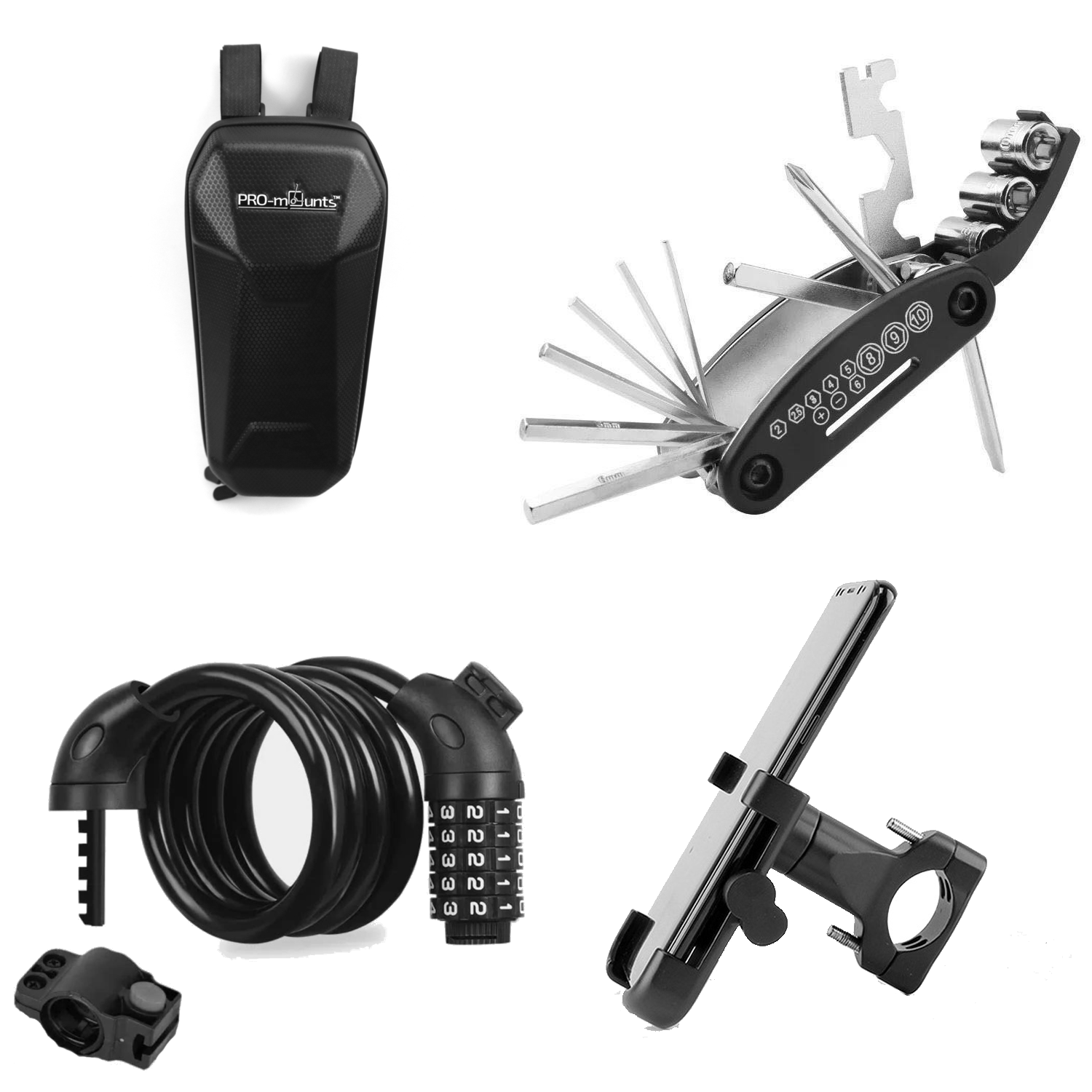 Accessoires de vélo : sac, multi-outil, cadenas et support de téléphone. Noir et argent.