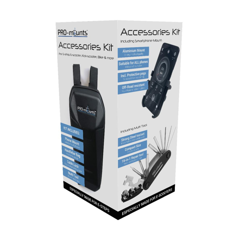 Boîte de kit d'accessoires noire pour trottinettes électriques, montrant des outils.