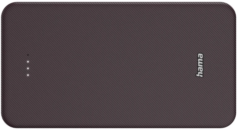 Dunkelbraune Powerbank mit drei weißen Anzeigeleuchten. Der Markenname Hama ist sichtbar.