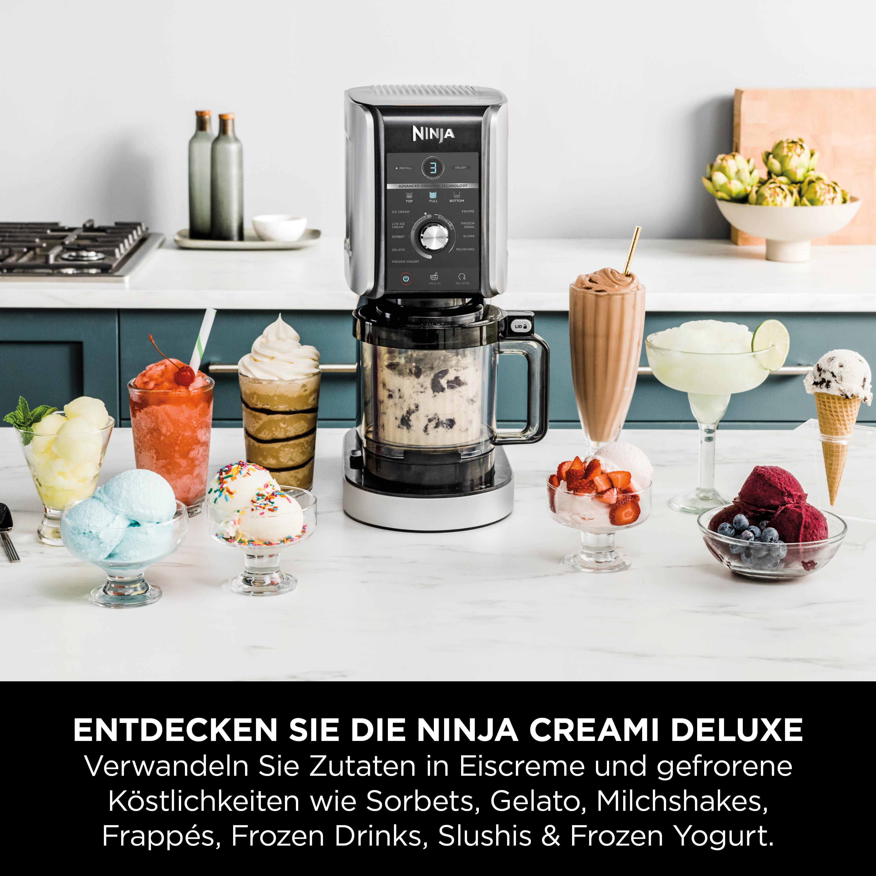 Ninja Creami Deluxe Eismaschine mit verschiedenen Eisdesserts.