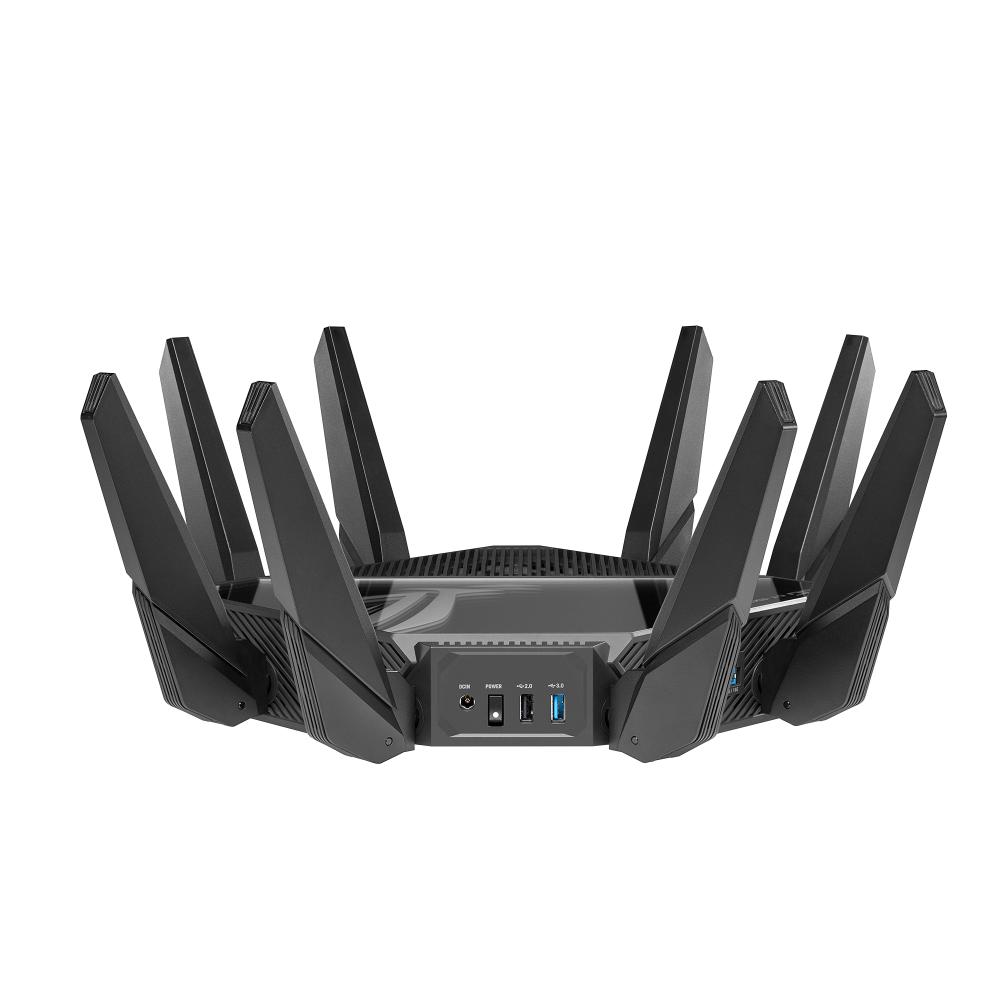 Enrutador negro con múltiples antenas, contra un fondo blanco.