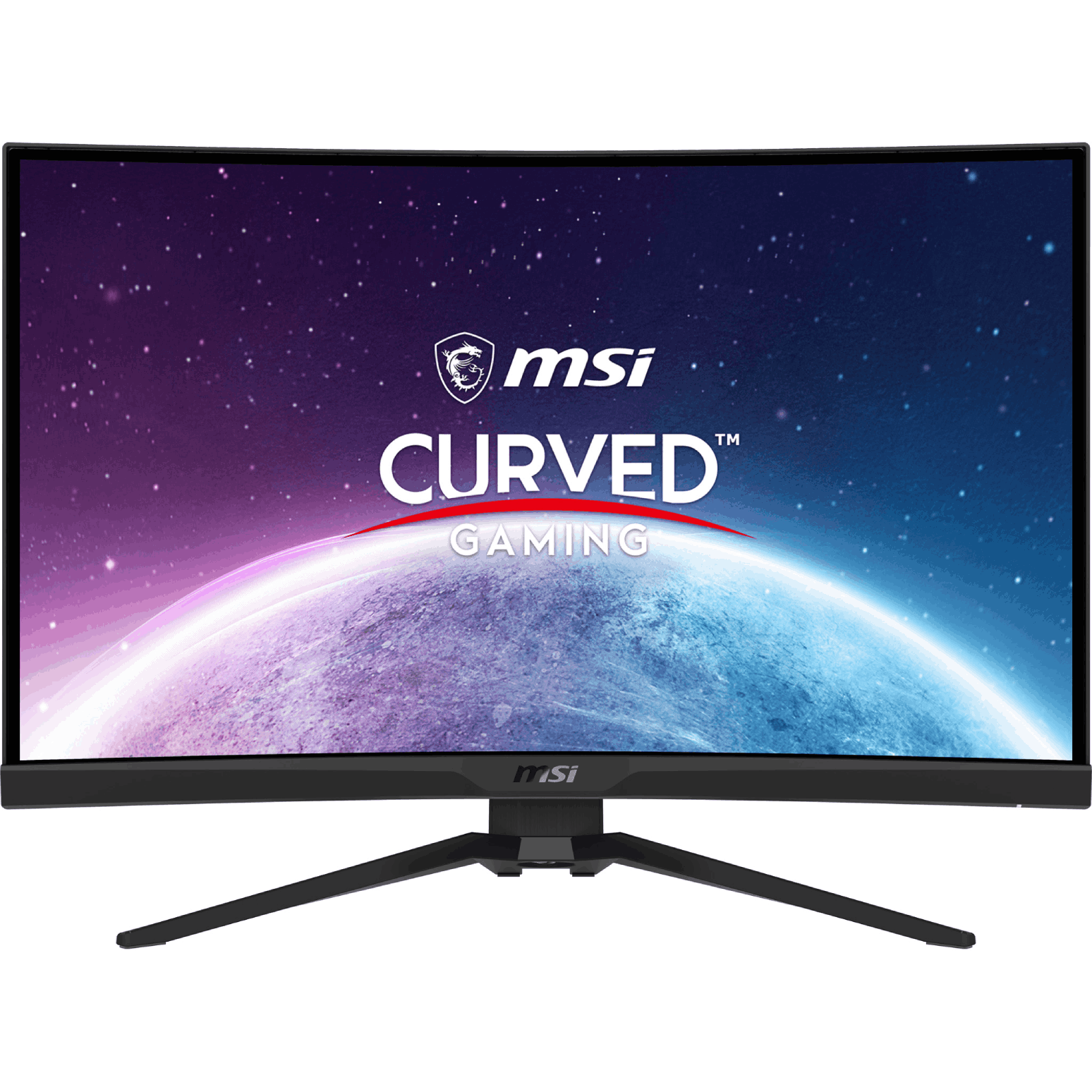 Monitor curvo para juegos con fondo espacial y el logotipo de MSI.