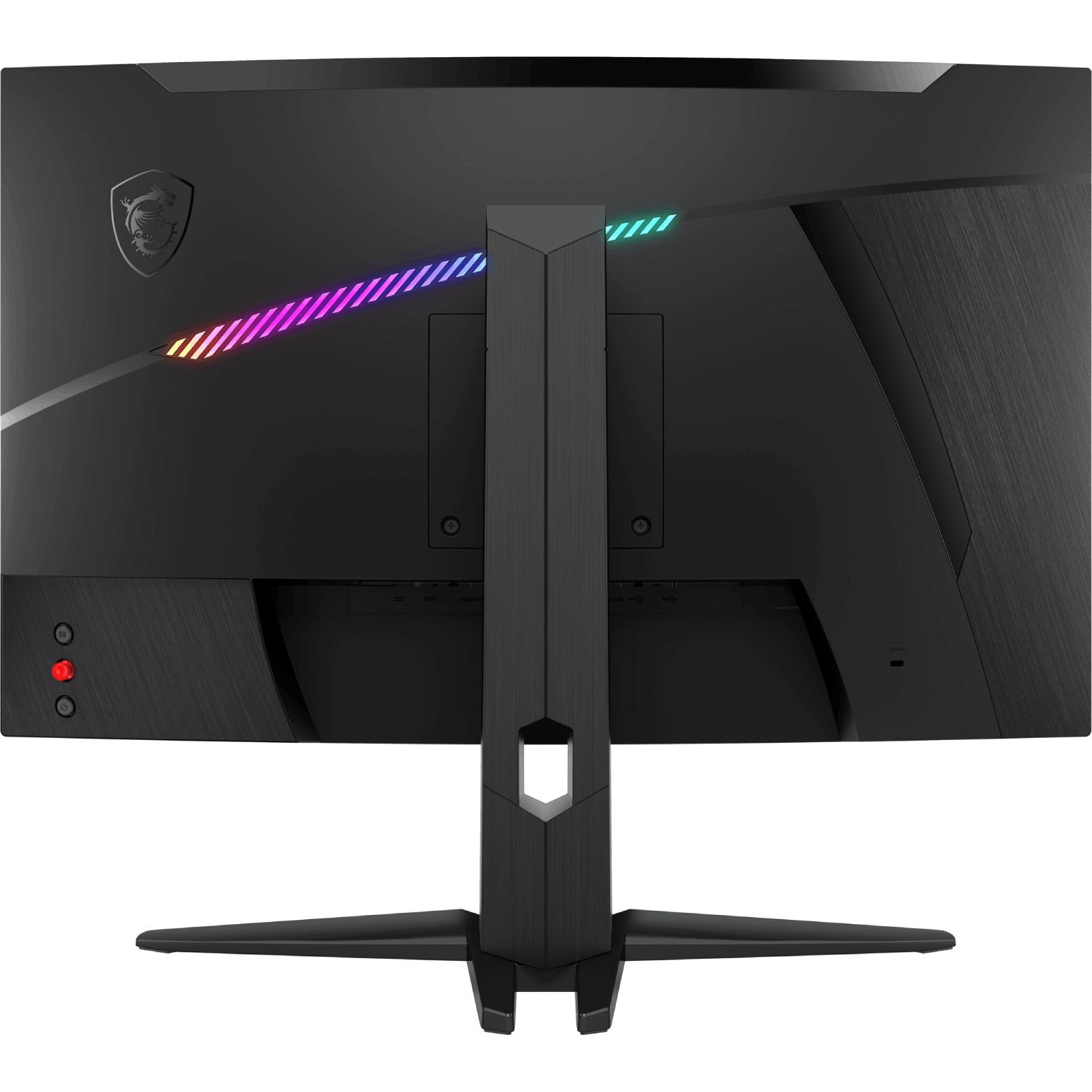 Parte trasera de un monitor gaming negro con iluminación RGB y soporte. Tiene un logo y puertos.
