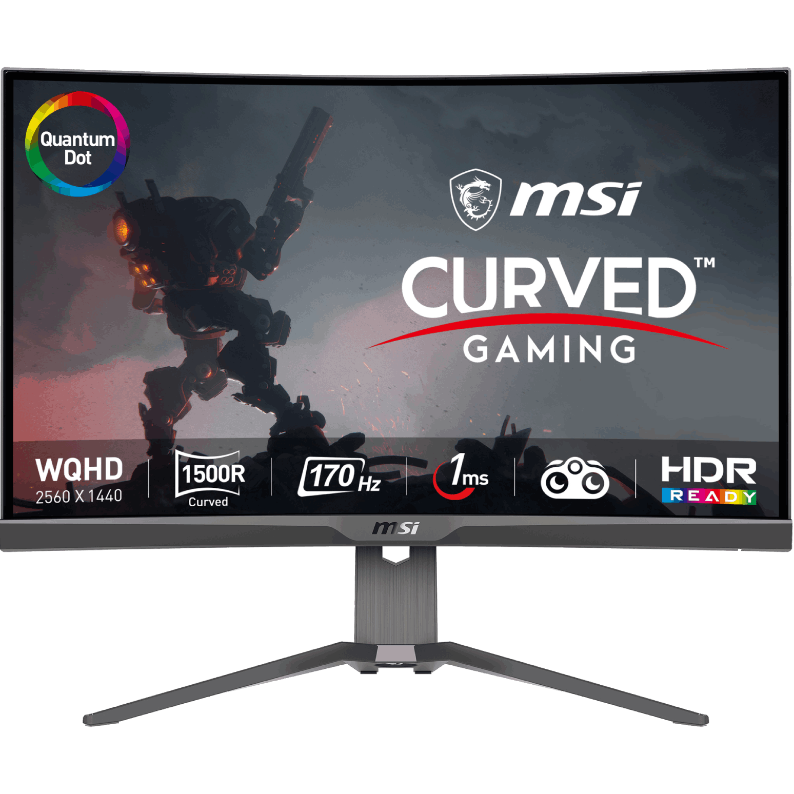 Monitor MSI curvo para juegos con diseño futurista y detalles técnicos. Muestra una imagen de juego.