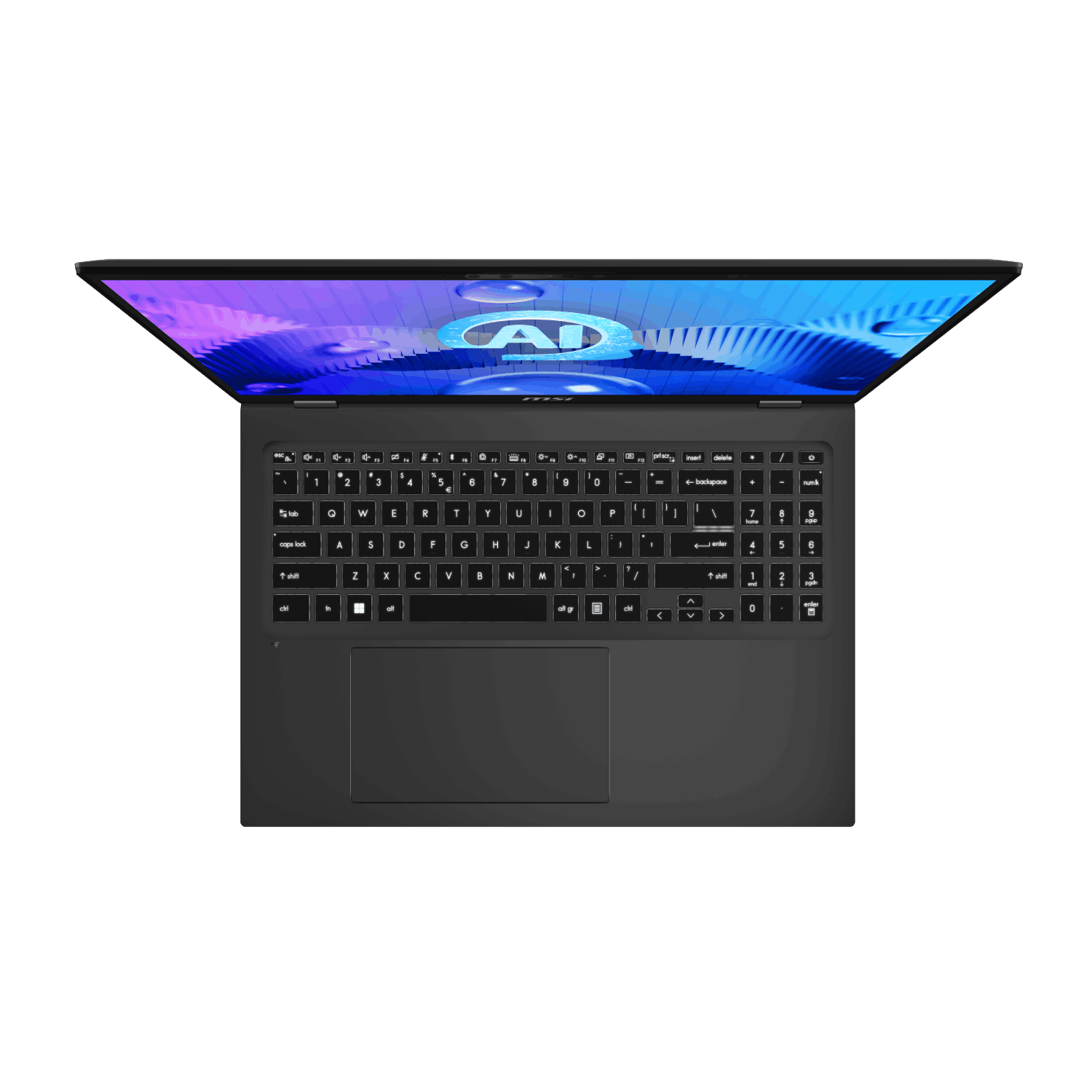 Vista superior de un portátil negro con la pantalla abierta que muestra un gráfico colorido.